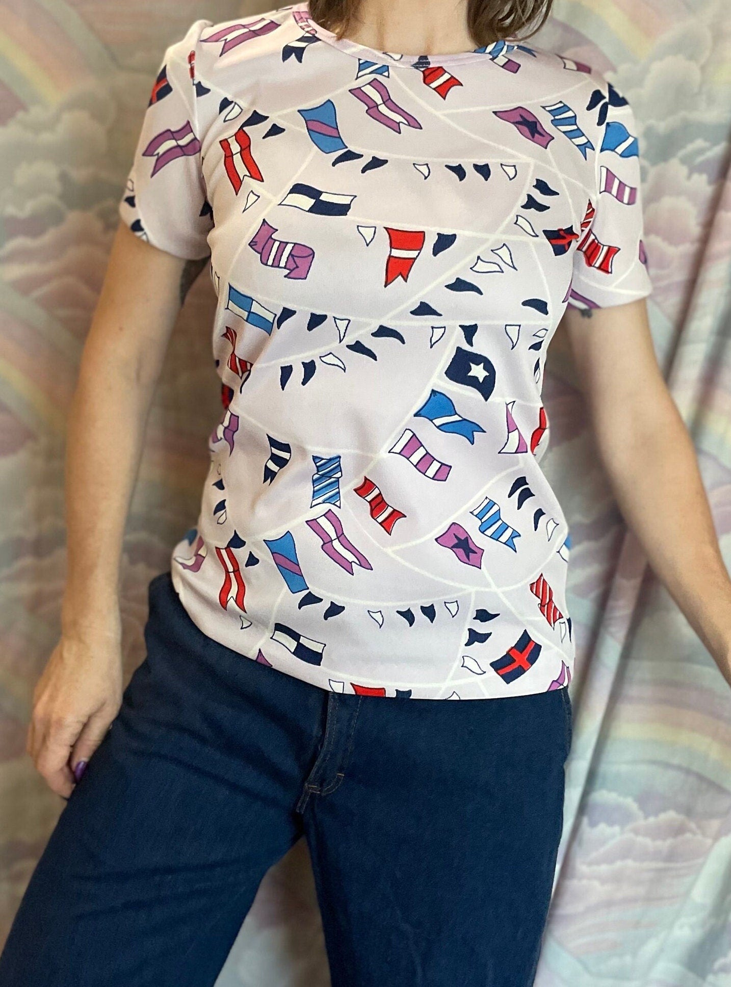 vtg 70s NOVELTY FLAG PRINT / Vintage Mod Art Shirt / 70s Retro Polyester Pop Art Top aop all over scattered art retro fashion style looks