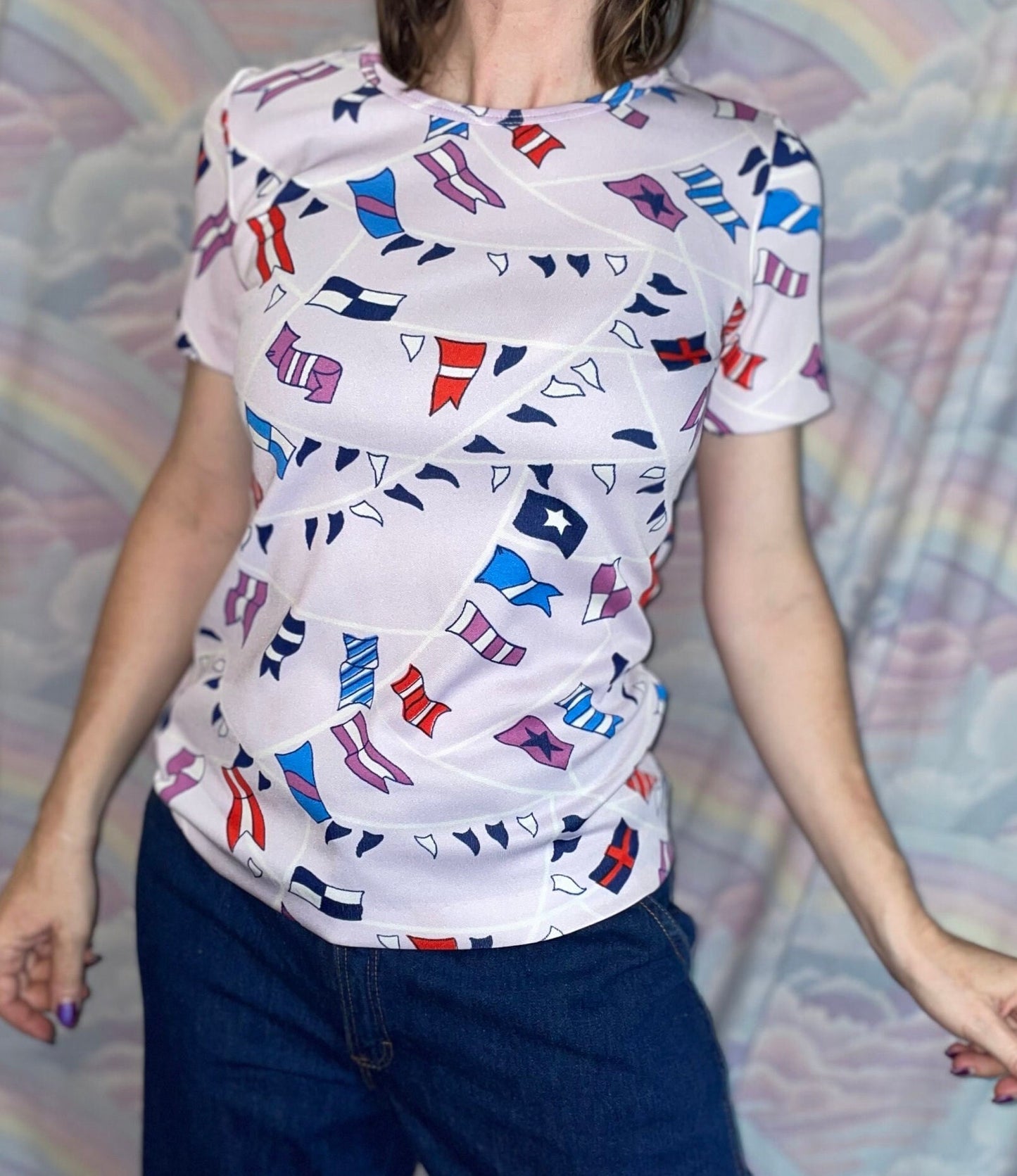 vtg 70s NOVELTY FLAG PRINT / Vintage Mod Art Shirt / 70s Retro Polyester Pop Art Top aop all over scattered art retro fashion style looks