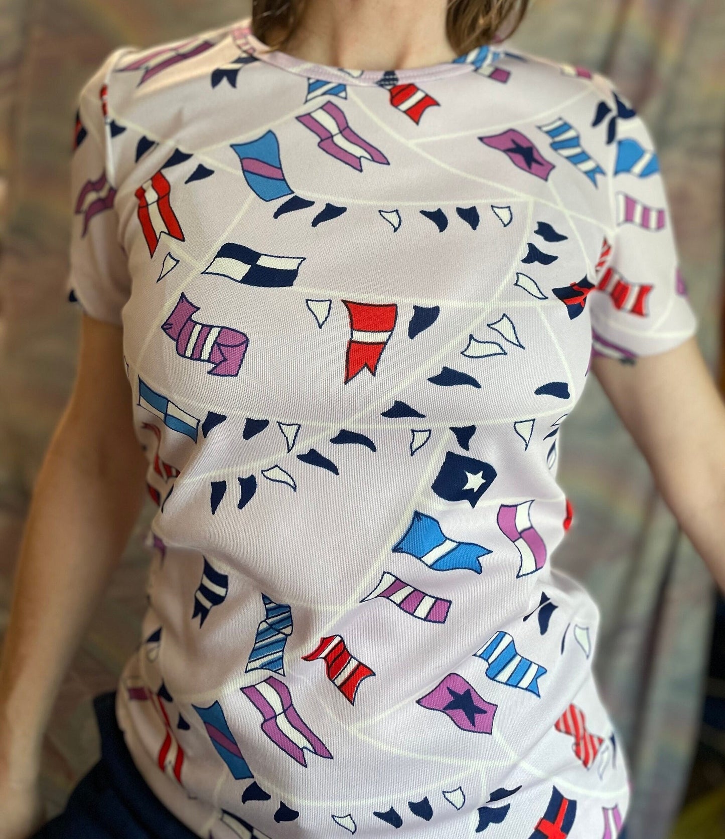 vtg 70s NOVELTY FLAG PRINT / Vintage Mod Art Shirt / 70s Retro Polyester Pop Art Top aop all over scattered art retro fashion style looks