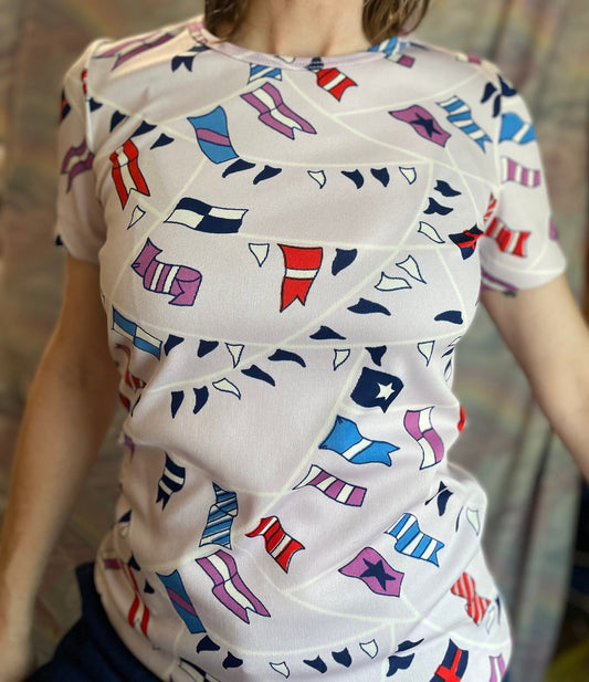 vtg 70s NOVELTY FLAG PRINT / Vintage Mod Art Shirt / 70s Retro Polyester Pop Art Top aop all over scattered art retro fashion style looks