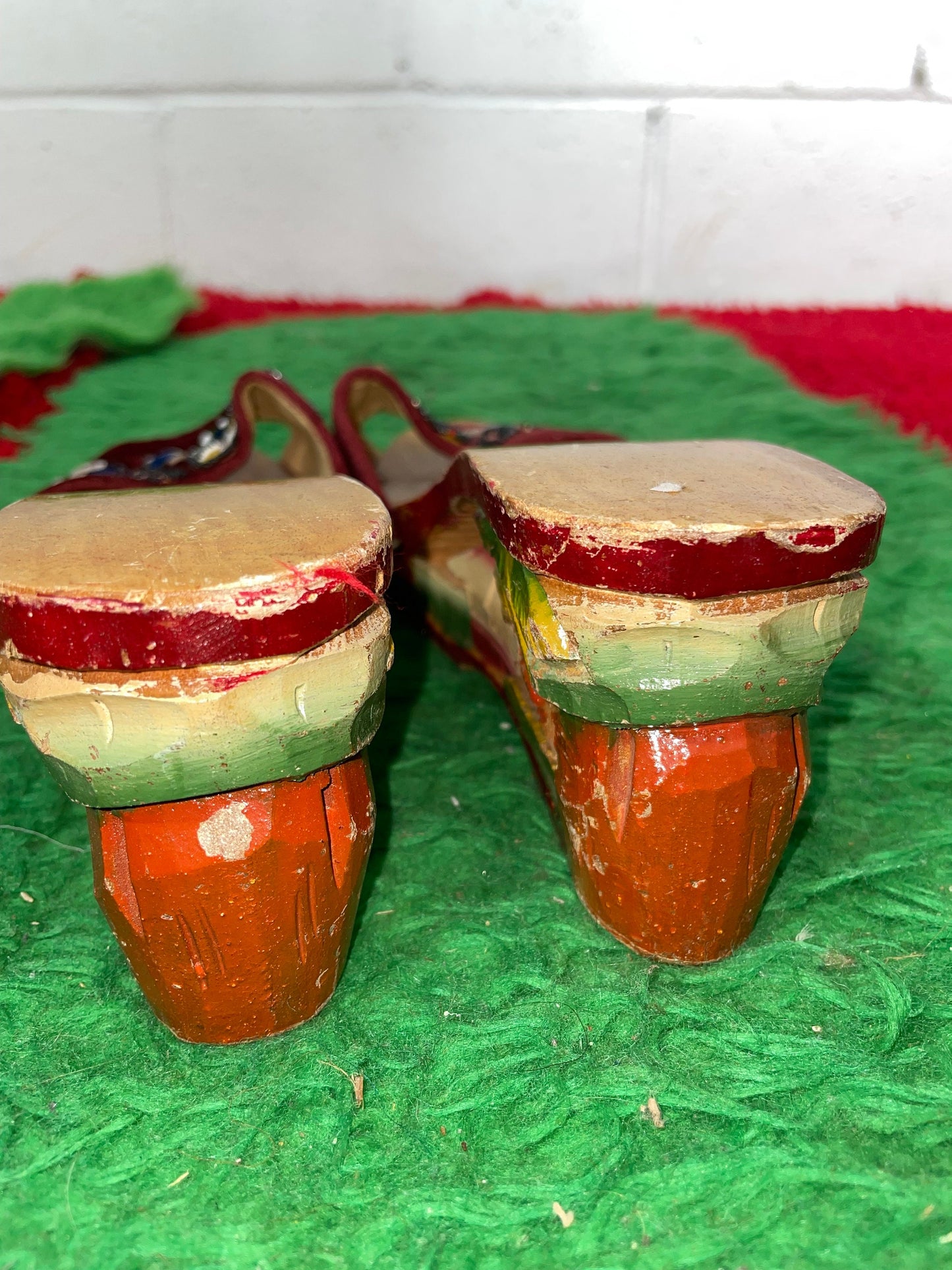 vtg 40s WW2 Era WOODEN HEELS // vintage Red Carved Wooden Platforms / 40s Velvet Shoes / Souvenir Wedge Sandals