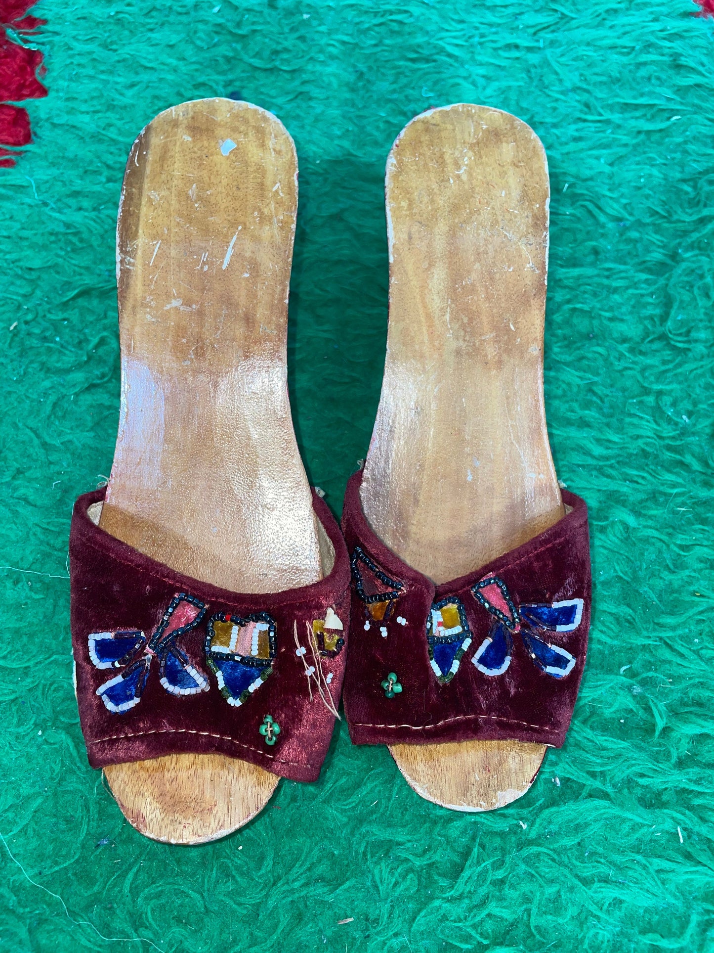 vtg 40s WW2 Era WOODEN HEELS // vintage Red Carved Wooden Platforms / 40s Velvet Shoes / Souvenir Wedge Sandals
