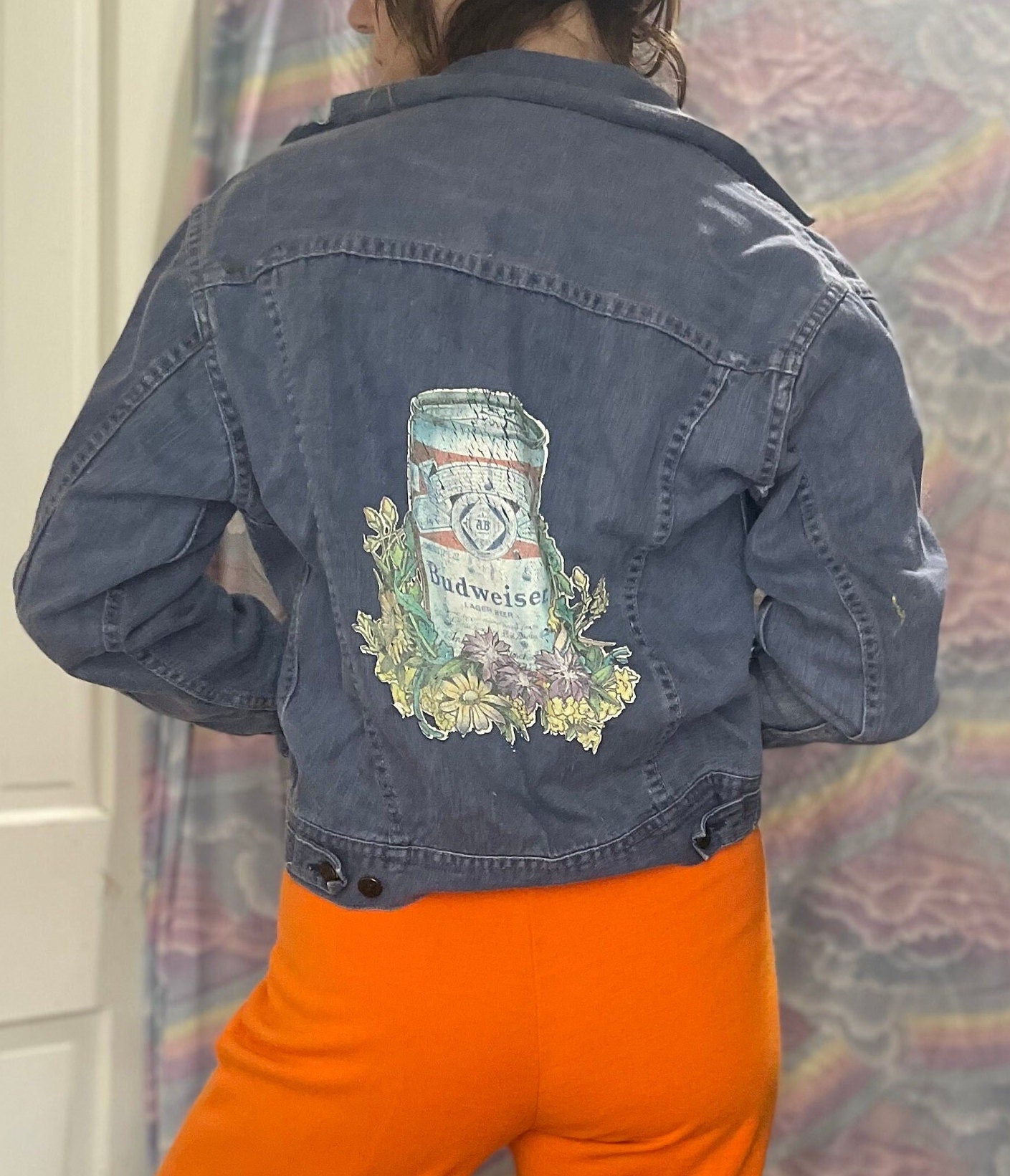 Vintage 80s Budweiser Buttery Soft Jean jacket / Iron On Retro Indigo Denim Jacket