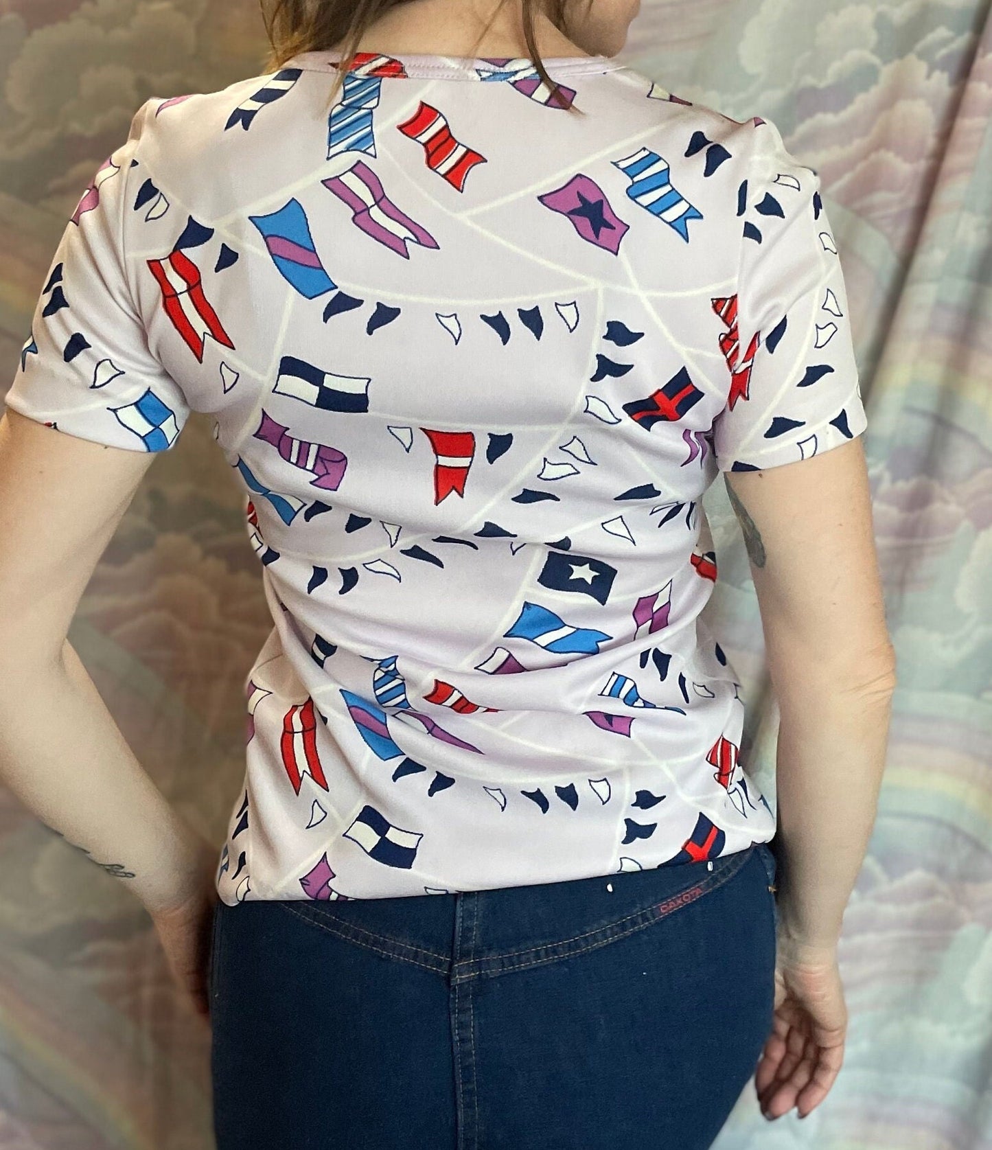 vtg 70s NOVELTY FLAG PRINT / Vintage Mod Art Shirt / 70s Retro Polyester Pop Art Top aop all over scattered art retro fashion style looks