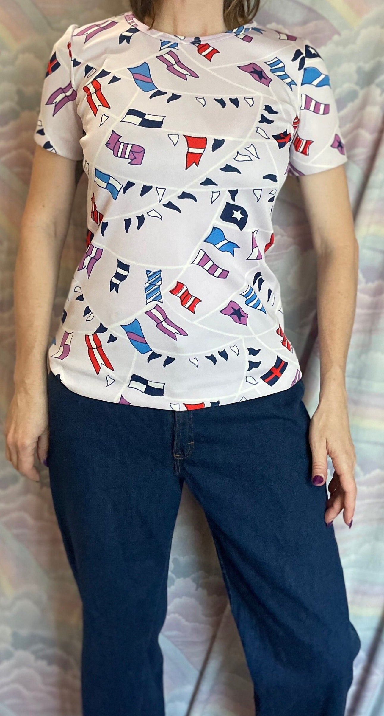 vtg 70s NOVELTY FLAG PRINT / Vintage Mod Art Shirt / 70s Retro Polyester Pop Art Top aop all over scattered art retro fashion style looks