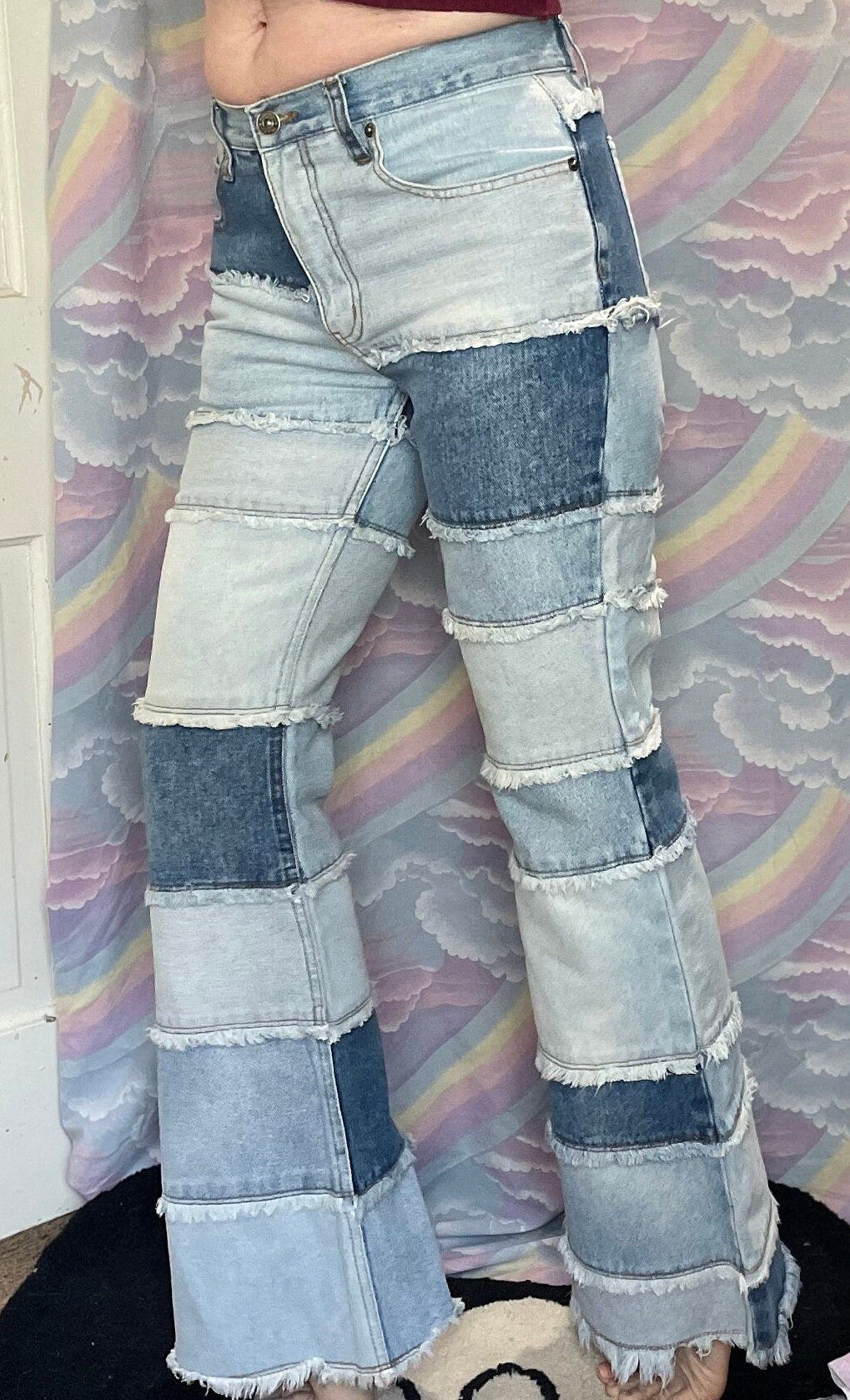 vintage Y2K ZANA DI PATCHWORK Jeans // vintage mid rise bell bottoms light wash jeans 90s grunge bell bottom fringe geometric hippie boho