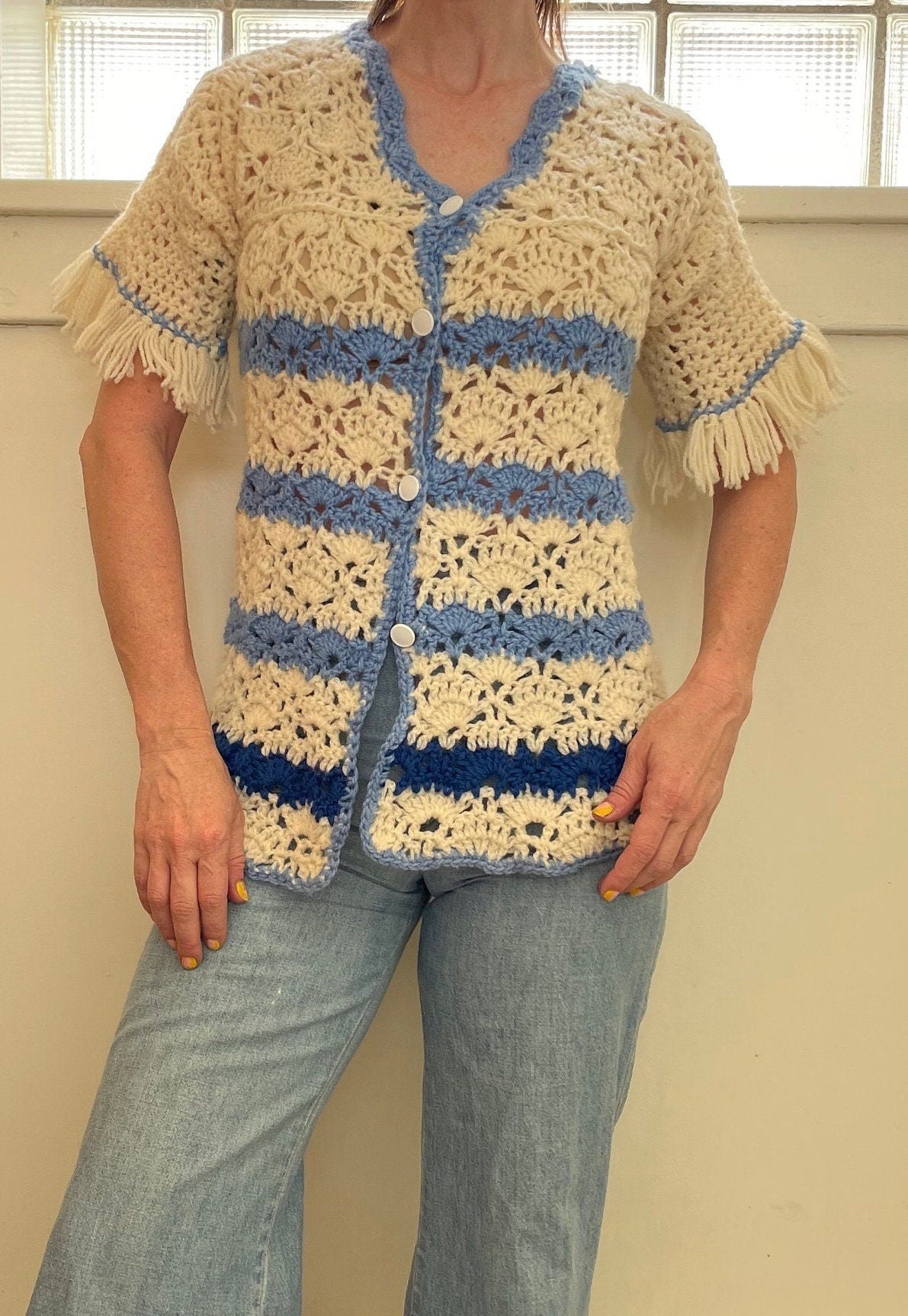 vtg 70s FRINGE SWEATER CARDIGAN / vintage short sleeve crochet chunky one of a kind homemade cute striped blue blanket sweater mod retro top