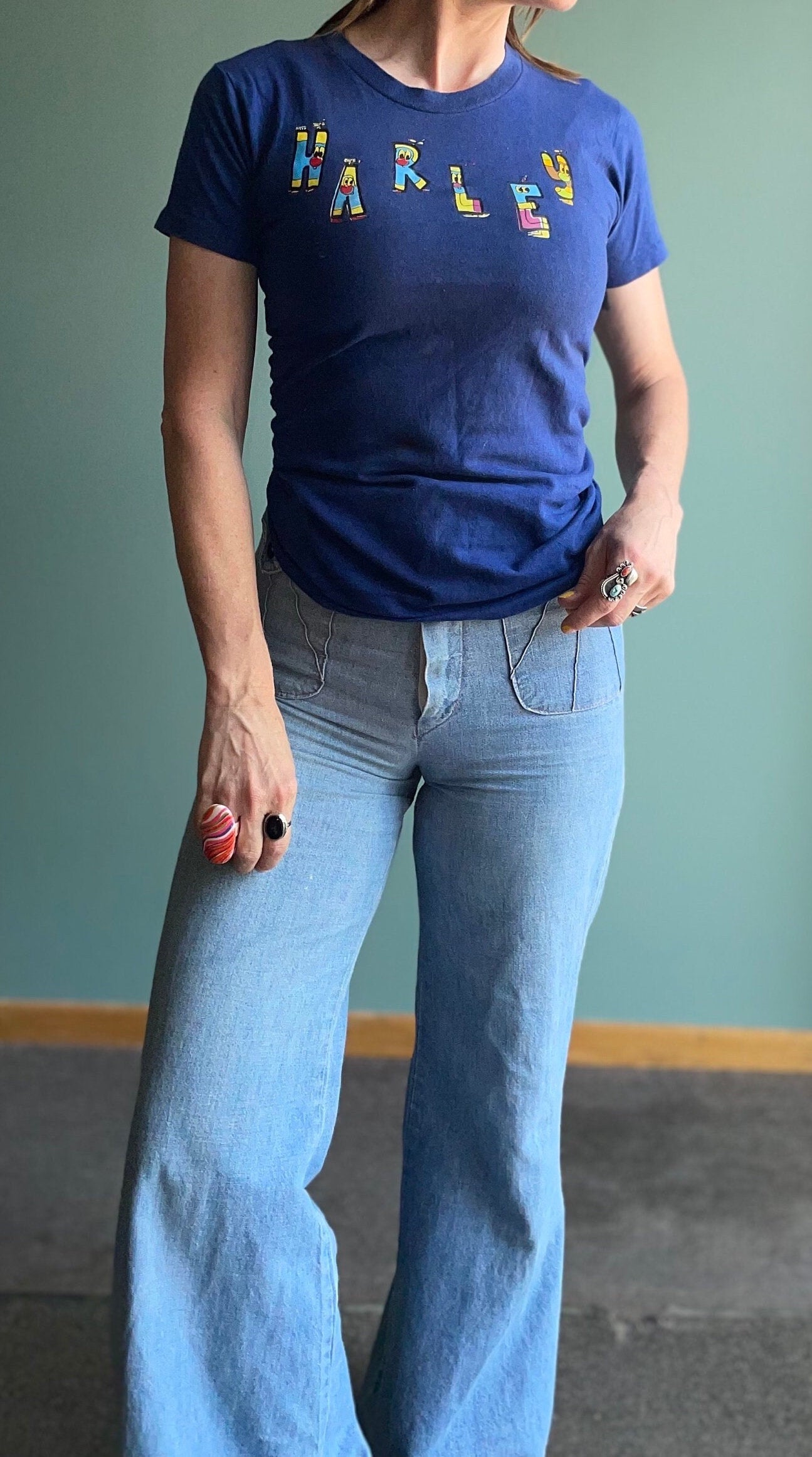 vtg 80s PERSONALIZED HARLEY SHIRT // vintage gas attendant spruce tags womens small fitted crop top spell out waitress kickball harley quinn