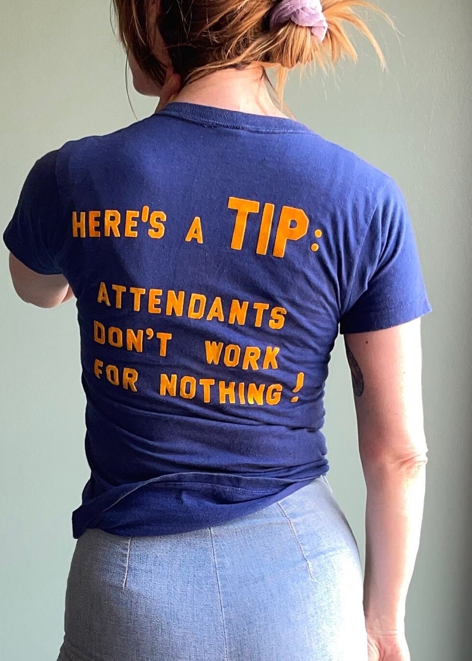 vtg 80s PERSONALIZED HARLEY SHIRT // vintage gas attendant spruce tags womens small fitted crop top spell out waitress kickball harley quinn