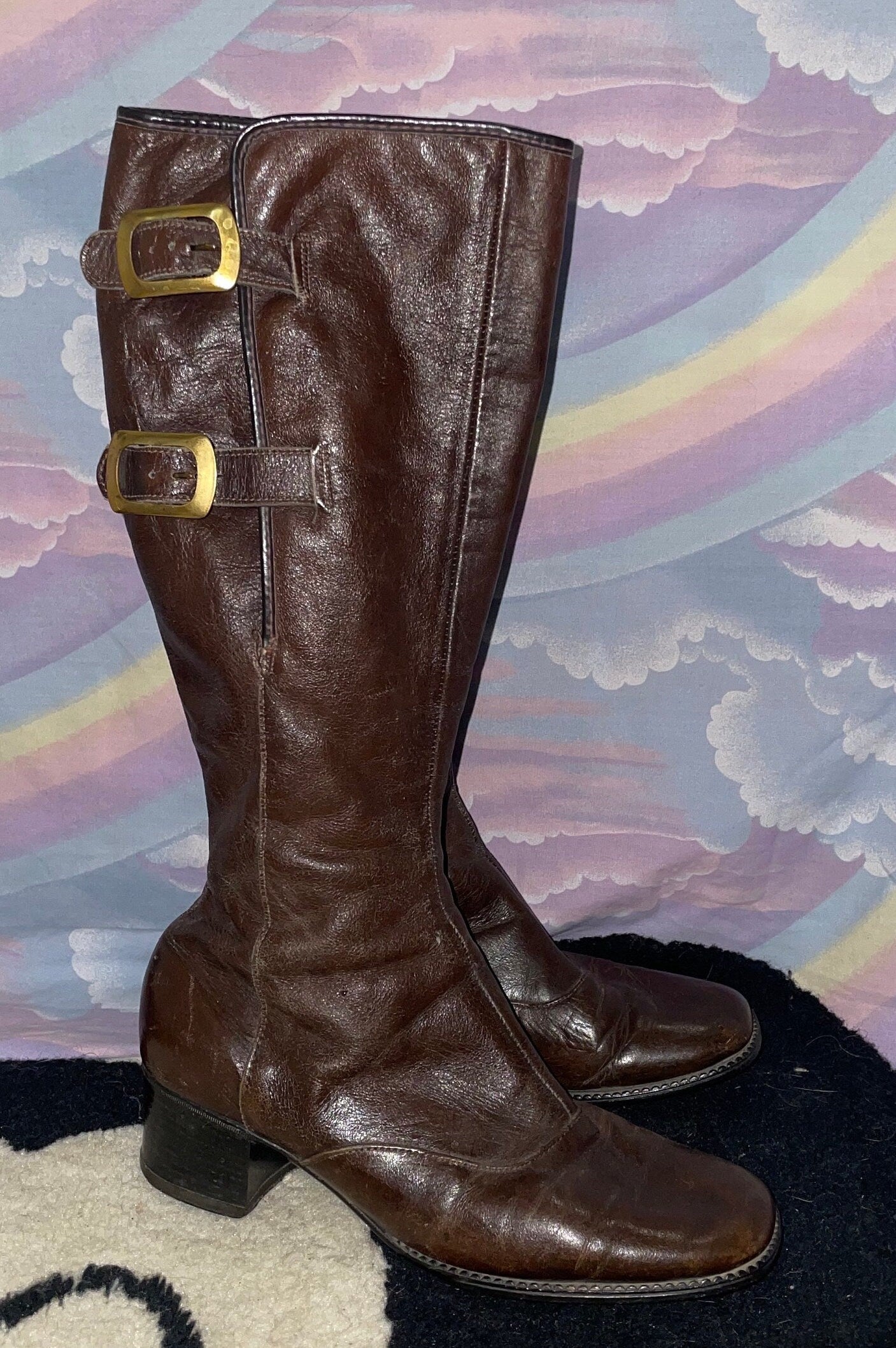 vtg 60s MOD GO GO Boots // vintage brown patent leather buckle boots calf high retro tall boots 70s glam psych nancy sinatra hippie style