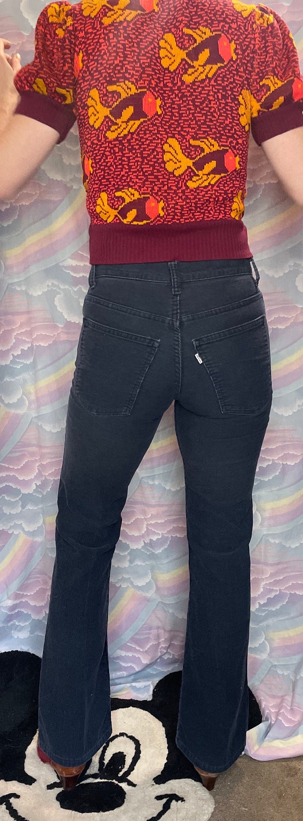 vtg 70s LEVIS CORDUROY PANTS 28 X 31//  navy blue flare white label boot cut corduroys wide leg high waisted hippie boho bell bottom