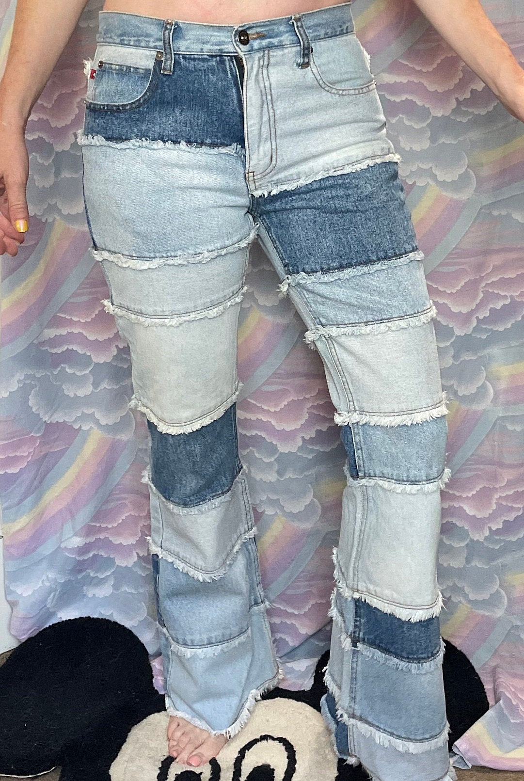 vintage Y2K ZANA DI PATCHWORK Jeans // vintage mid rise bell bottoms light wash jeans 90s grunge bell bottom fringe geometric hippie boho