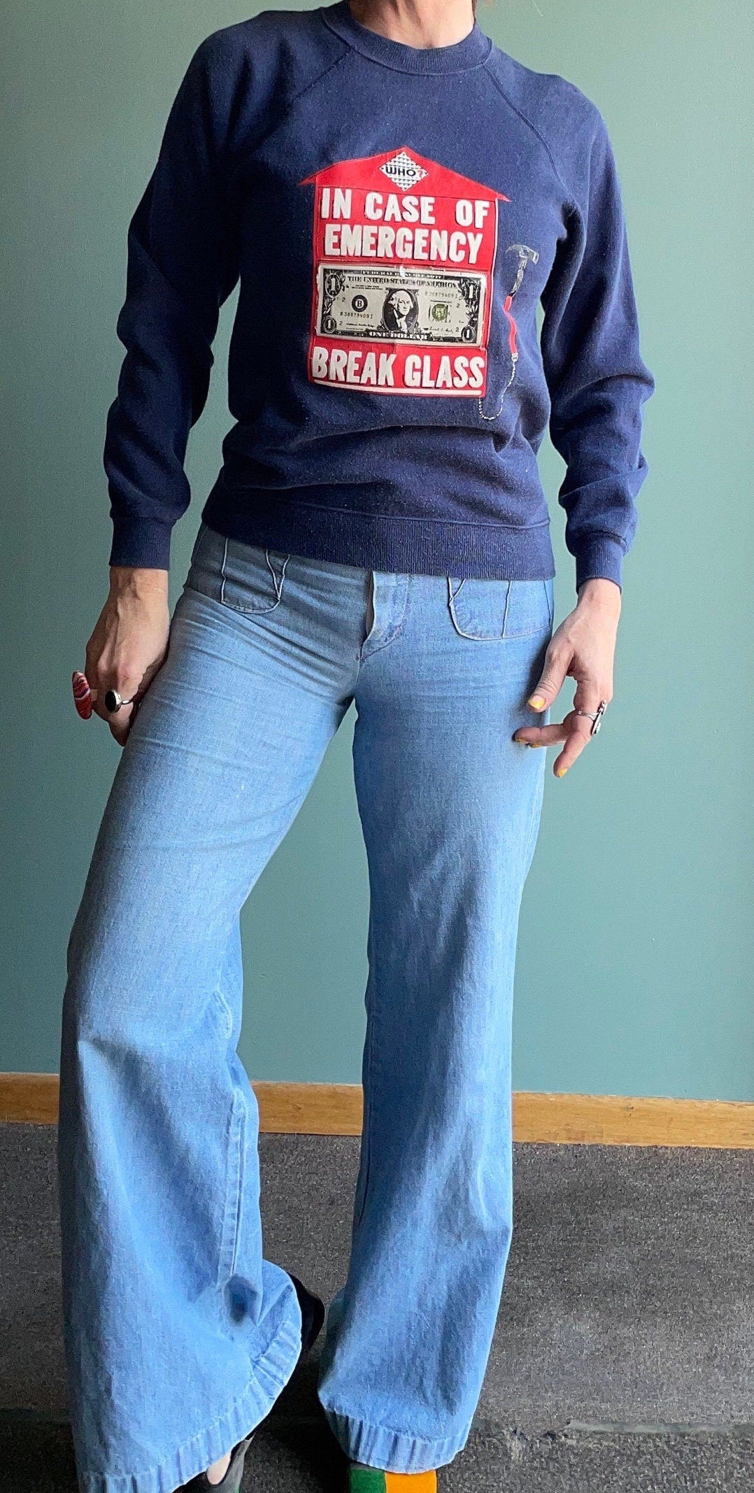 vtg 80s MONEY SWEATSHIRT // vintage "In case of emergency break glass" funny shirt fitted broke last dollar bill 80s gag gift recession