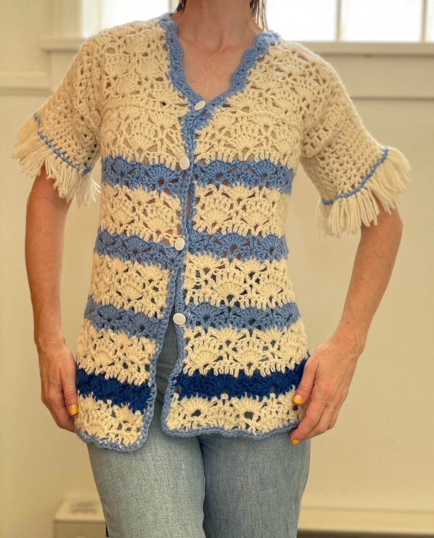 vtg 70s FRINGE SWEATER CARDIGAN / vintage short sleeve crochet chunky one of a kind homemade cute striped blue blanket sweater mod retro top