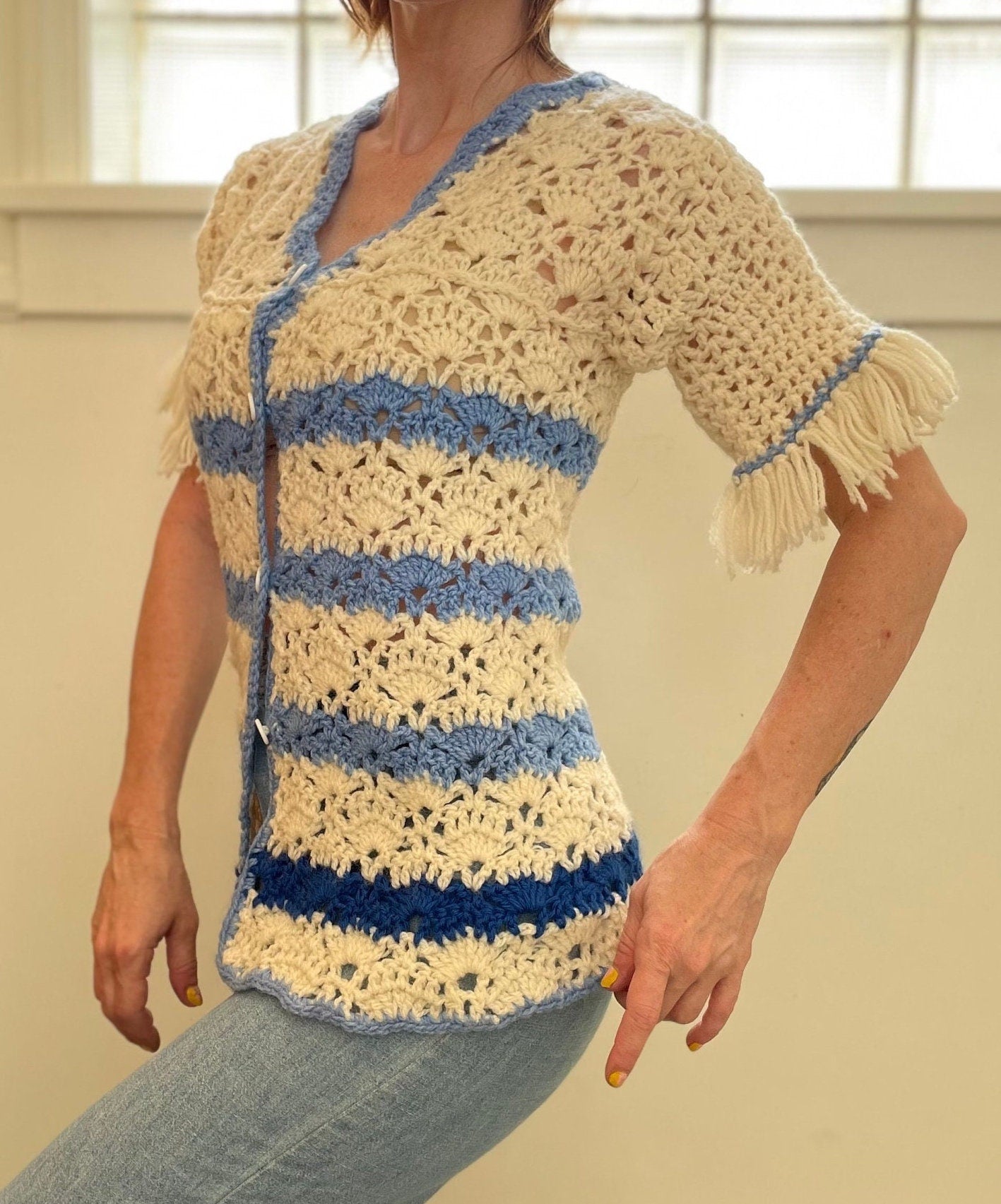 vtg 70s FRINGE SWEATER CARDIGAN / vintage short sleeve crochet chunky one of a kind homemade cute striped blue blanket sweater mod retro top