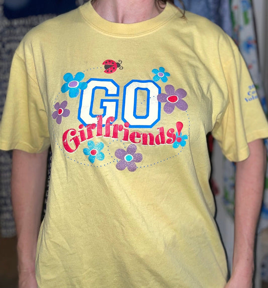 vtg Y2K GIRLFRIENDS SHIRT // 90s flower power shirt puff paint iron on pastel yellow tee nickelodeon hannah montana spice girls power puff