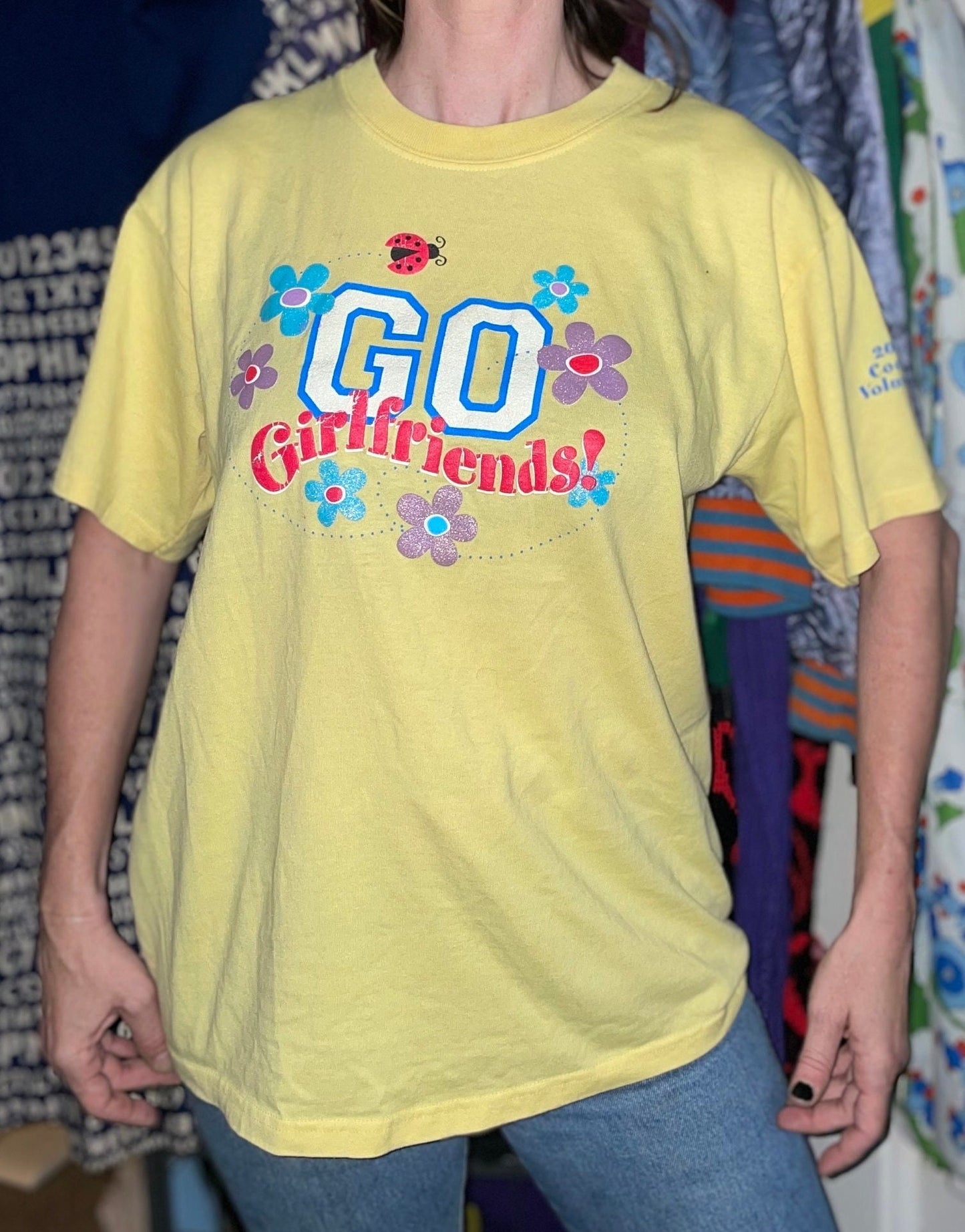 vtg Y2K GIRLFRIENDS SHIRT // 90s flower power shirt puff paint iron on pastel yellow tee nickelodeon hannah montana spice girls power puff