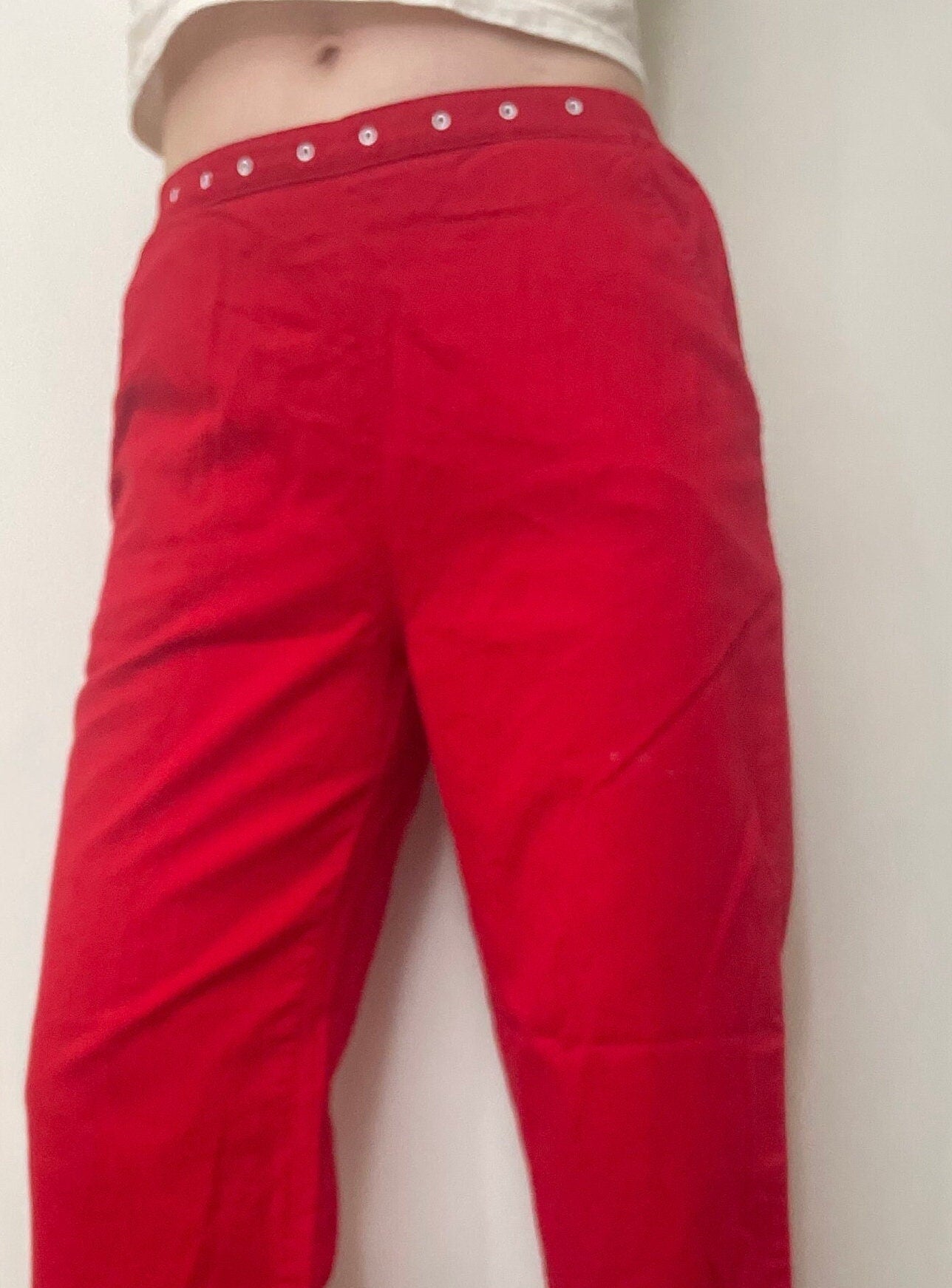 vtg 90s RED CIGARETTE PANTS / lipstick red mod capris cotton trousers high waisted mid rise mom jeans pedal pushers rockabilly retro skinny
