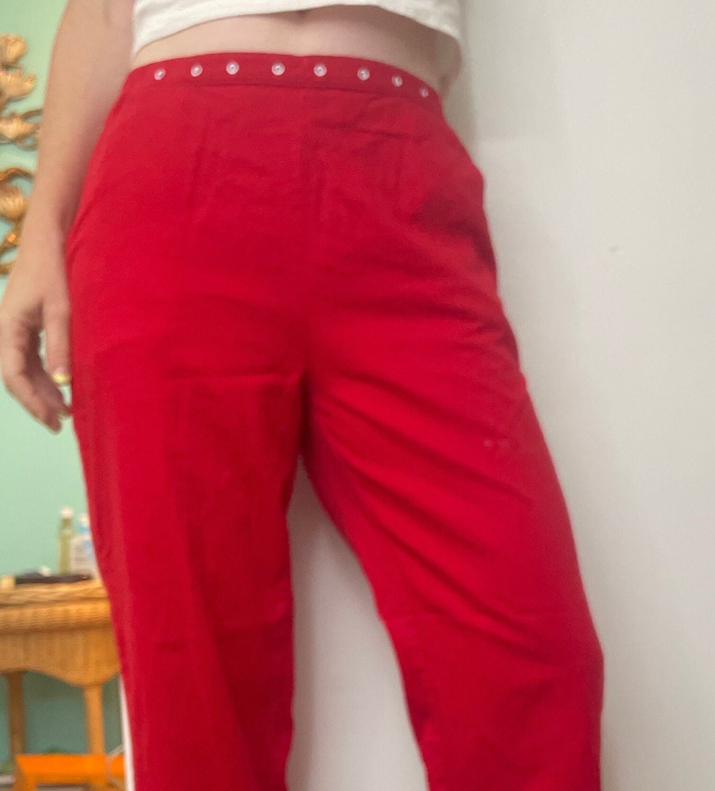 vtg 90s RED CIGARETTE PANTS / lipstick red mod capris cotton trousers high waisted mid rise mom jeans pedal pushers rockabilly retro skinny