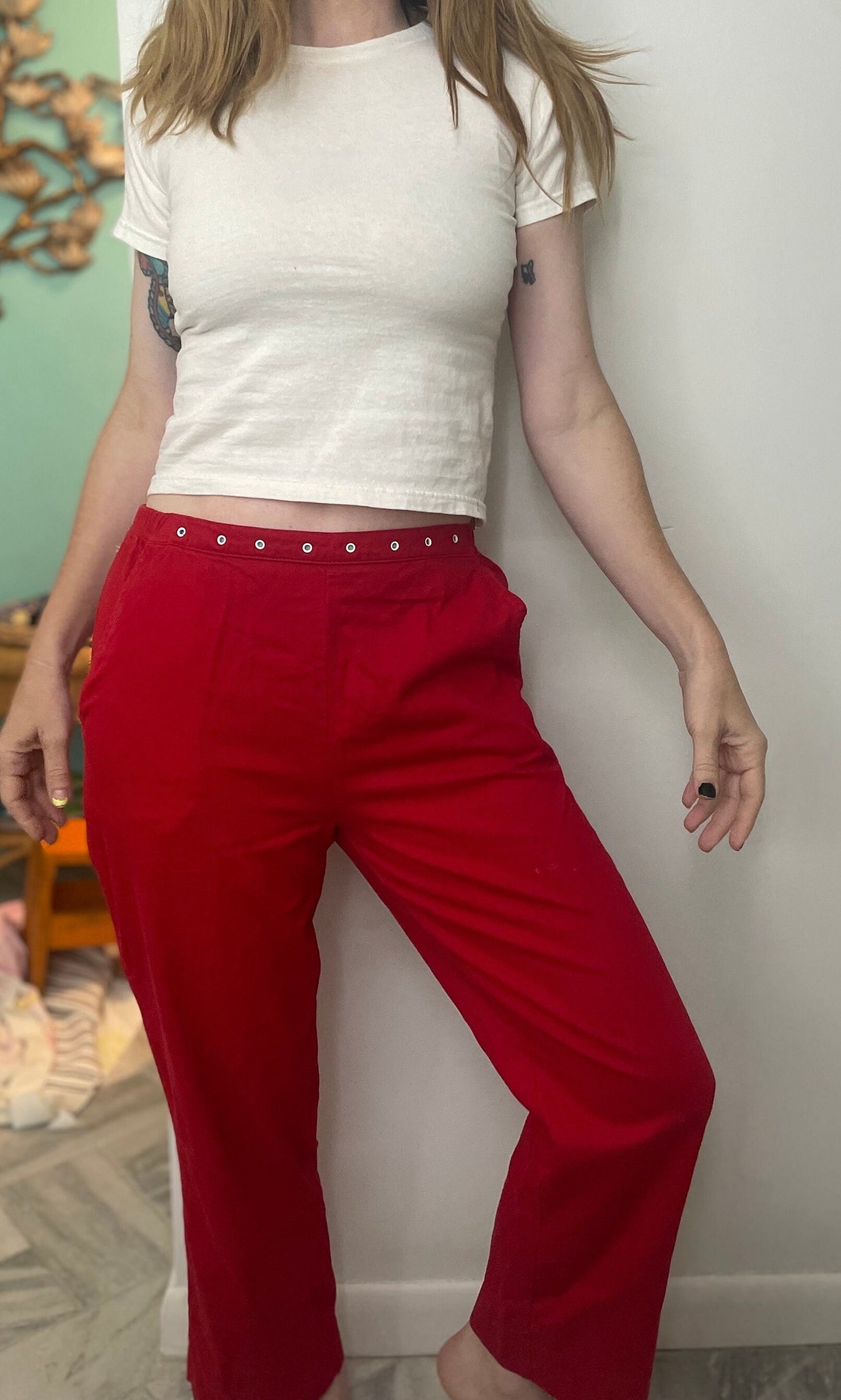 vtg 90s RED CIGARETTE PANTS / lipstick red mod capris cotton trousers high waisted mid rise mom jeans pedal pushers rockabilly retro skinny