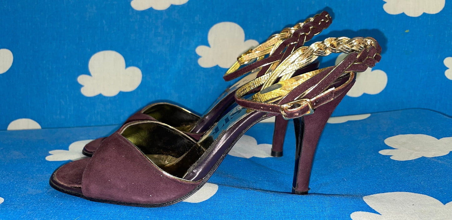 vtg 70s GOLD & PURPLE DISCO Heels // gold trimmed dainty stilettos purple suede strappy fancy evening gown heels peep toe braided strap 80s