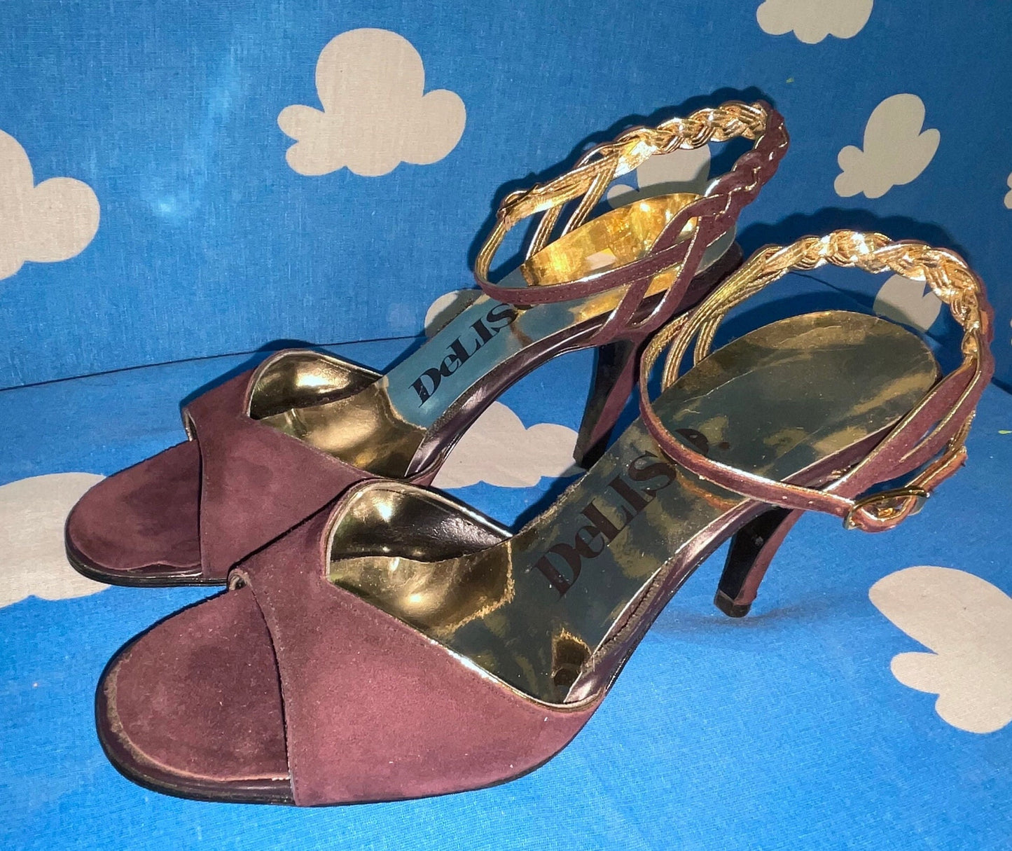 vtg 70s GOLD & PURPLE DISCO Heels // gold trimmed dainty stilettos purple suede strappy fancy evening gown heels peep toe braided strap 80s