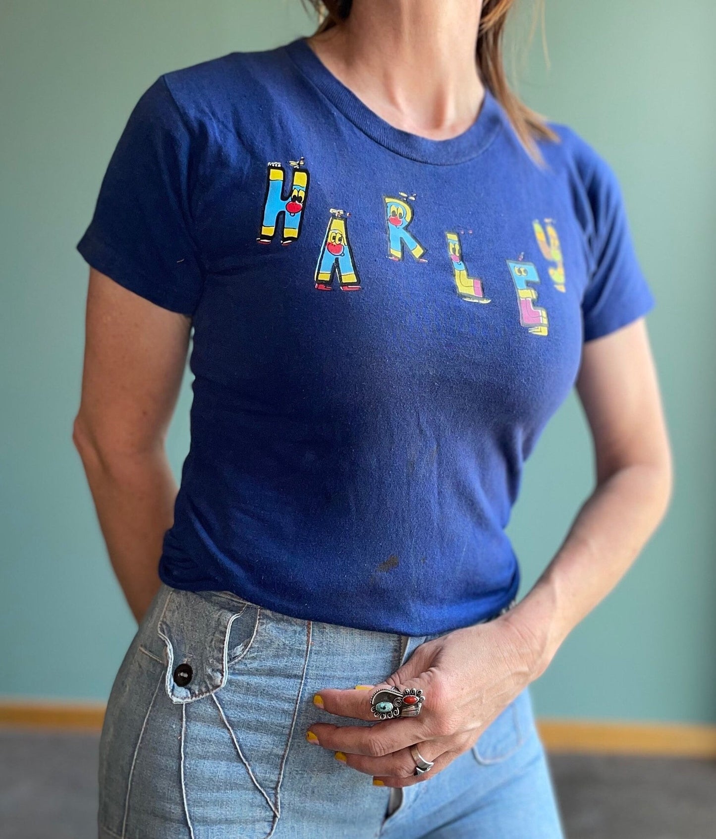 vtg 80s PERSONALIZED HARLEY SHIRT // vintage gas attendant spruce tags womens small fitted crop top spell out waitress kickball harley quinn