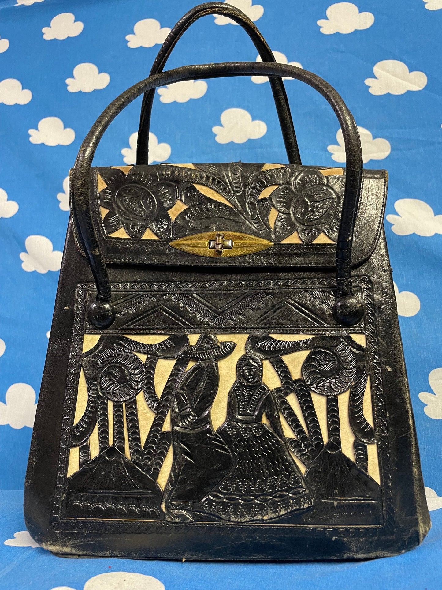vtg 70s BLACK & WHITE LEATHER handbag // hand tooled top handle purse mexico lovers scene hippie western boho retro bohemian thick two tone