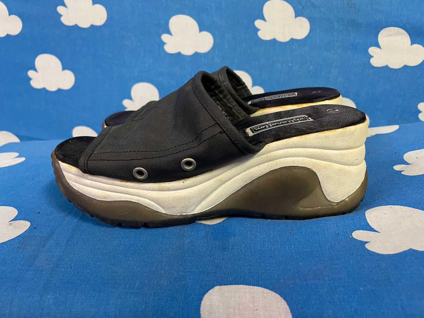 vtg 90s XHILARATION WEDGE WEDGES // black mesh platform sandals Y2k chunky heels grunge Delias slip ons beach shoes two tone sports sliders