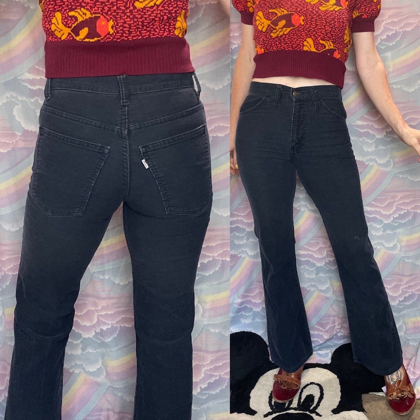 vtg 70s LEVIS CORDUROY PANTS 28 X 31//  navy blue flare white label boot cut corduroys wide leg high waisted hippie boho bell bottom