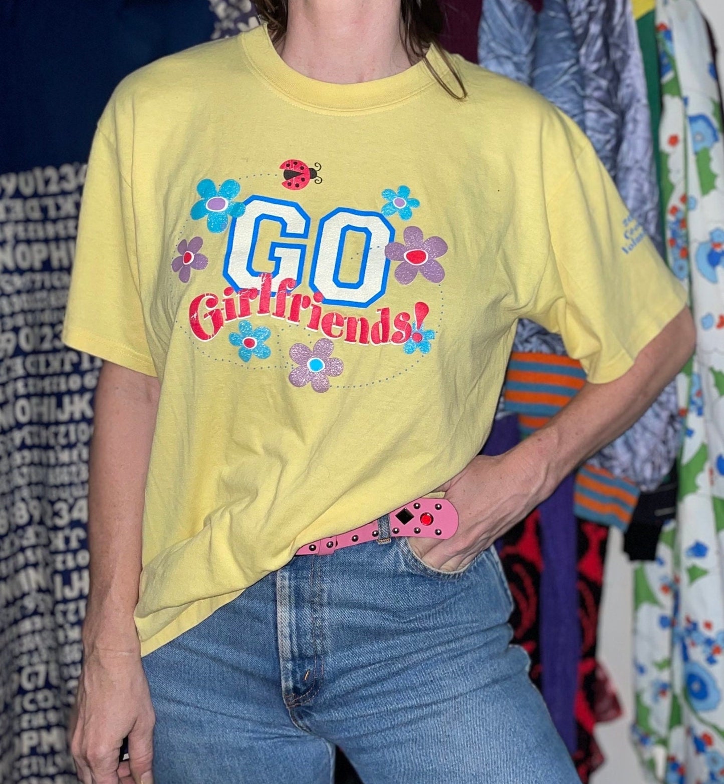 vtg Y2K GIRLFRIENDS SHIRT // 90s flower power shirt puff paint iron on pastel yellow tee nickelodeon hannah montana spice girls power puff