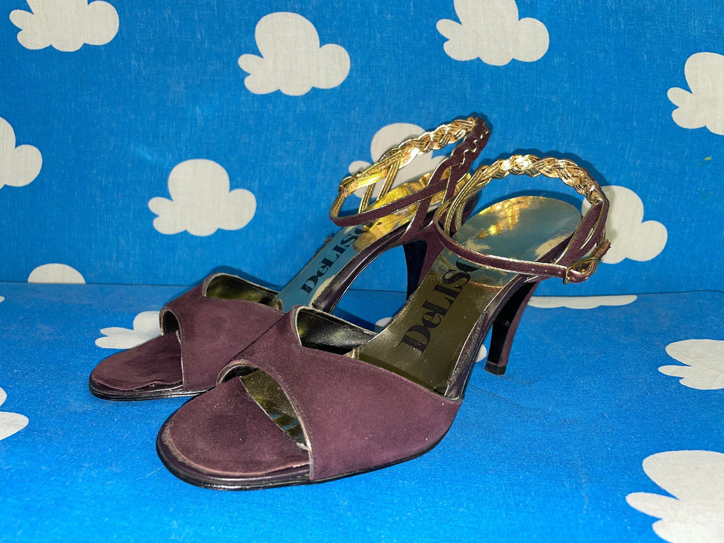 vtg 70s GOLD & PURPLE DISCO Heels // gold trimmed dainty stilettos purple suede strappy fancy evening gown heels peep toe braided strap 80s