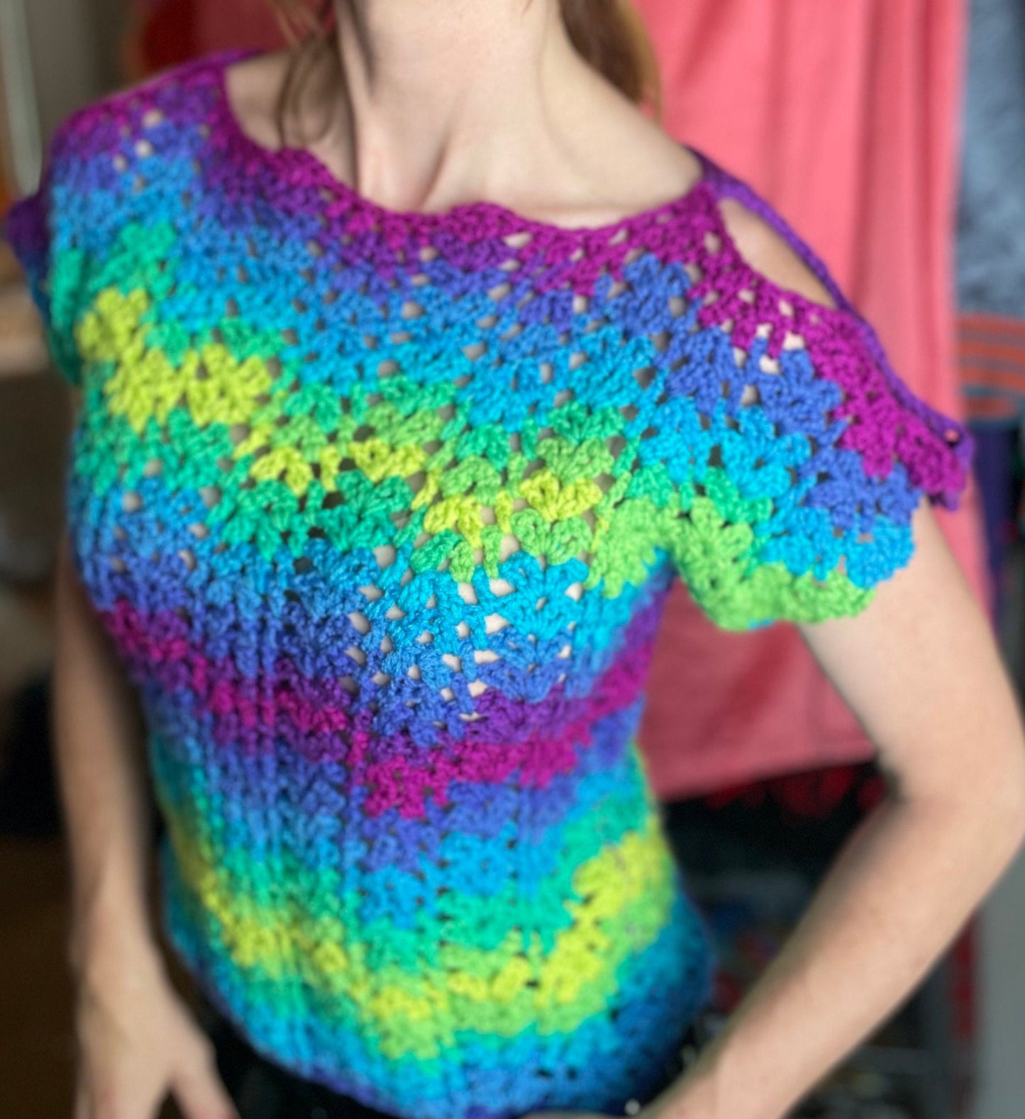 vtv 70s NEON CROCHET SWEATER // vintage hand made knit short sleeve psychedelic top cut out cold shoulder y2k funky brat style bright loud