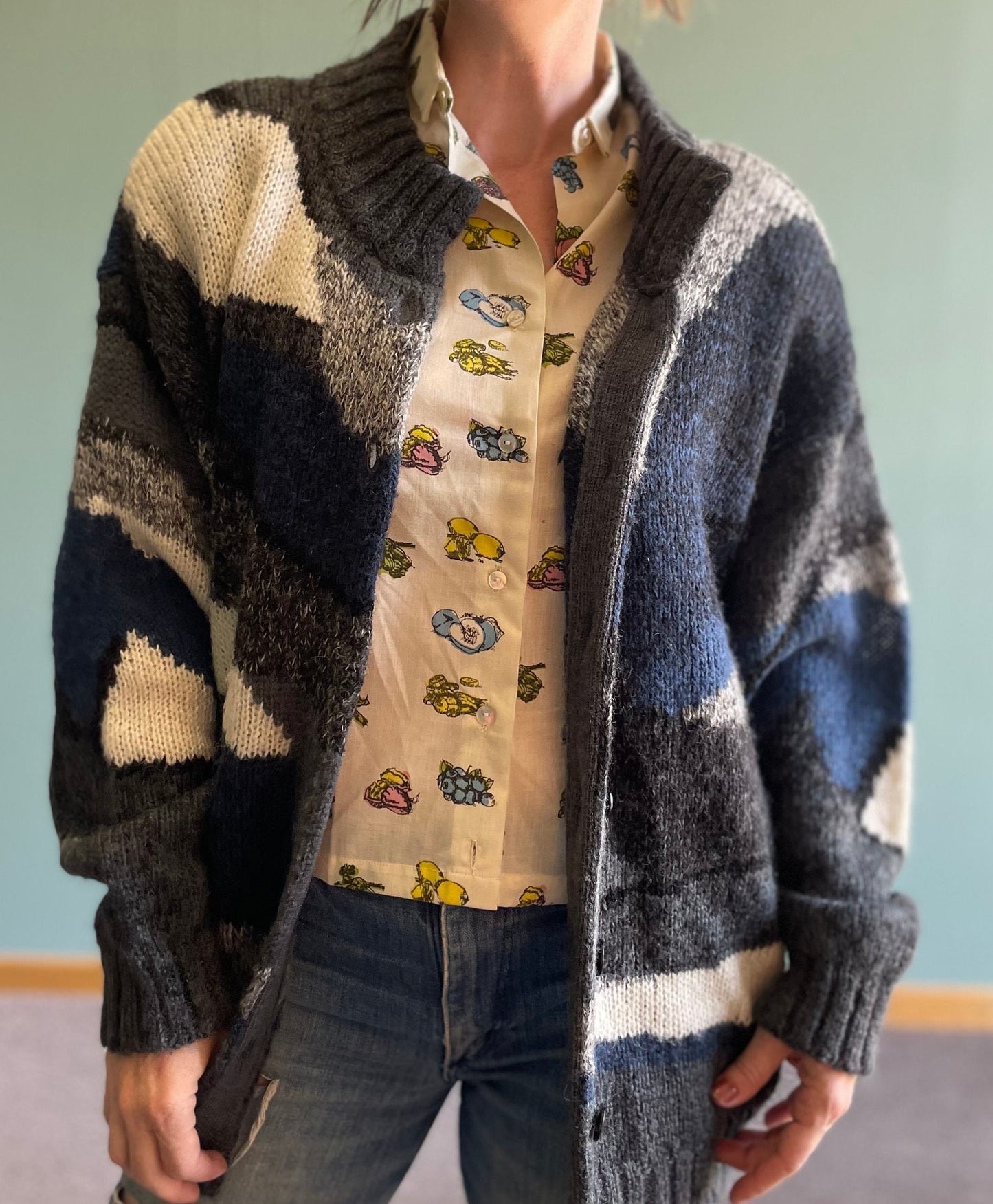 vtg 80s PATTERNED MOHAIR SWEATER // vintage chunky button up fuzzy abstract print cardigan 3D cloud print textured sweater jacket vintage