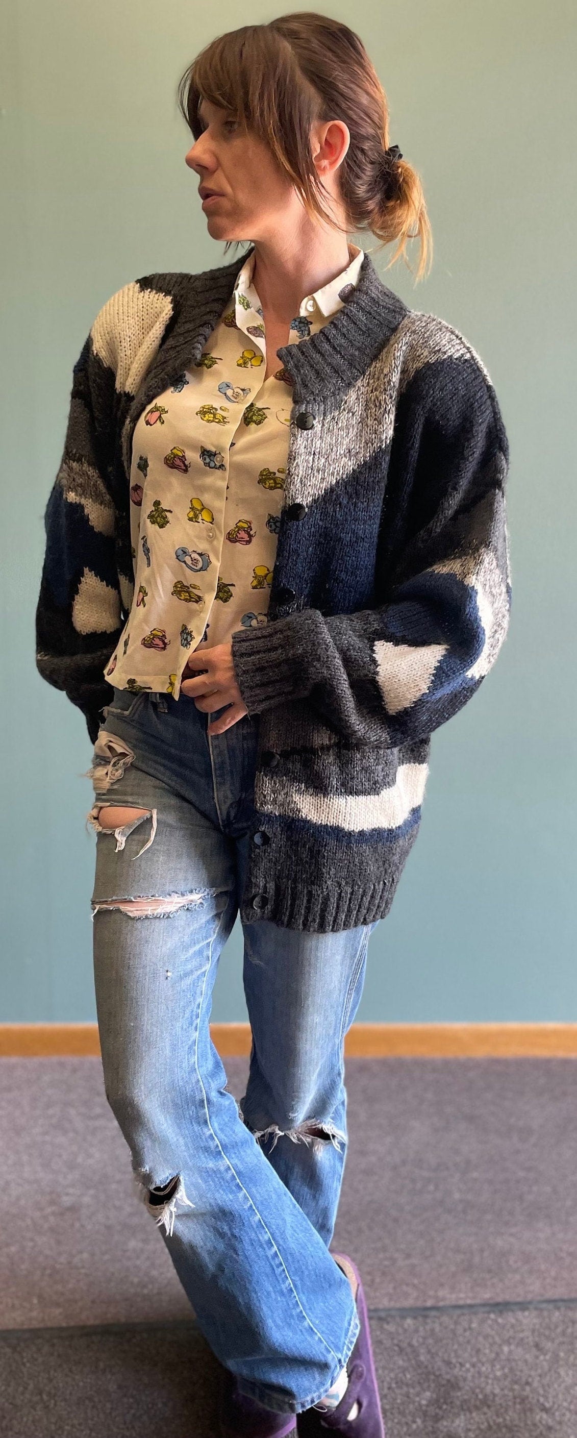 vtg 80s PATTERNED MOHAIR SWEATER // vintage chunky button up fuzzy abstract print cardigan 3D cloud print textured sweater jacket vintage