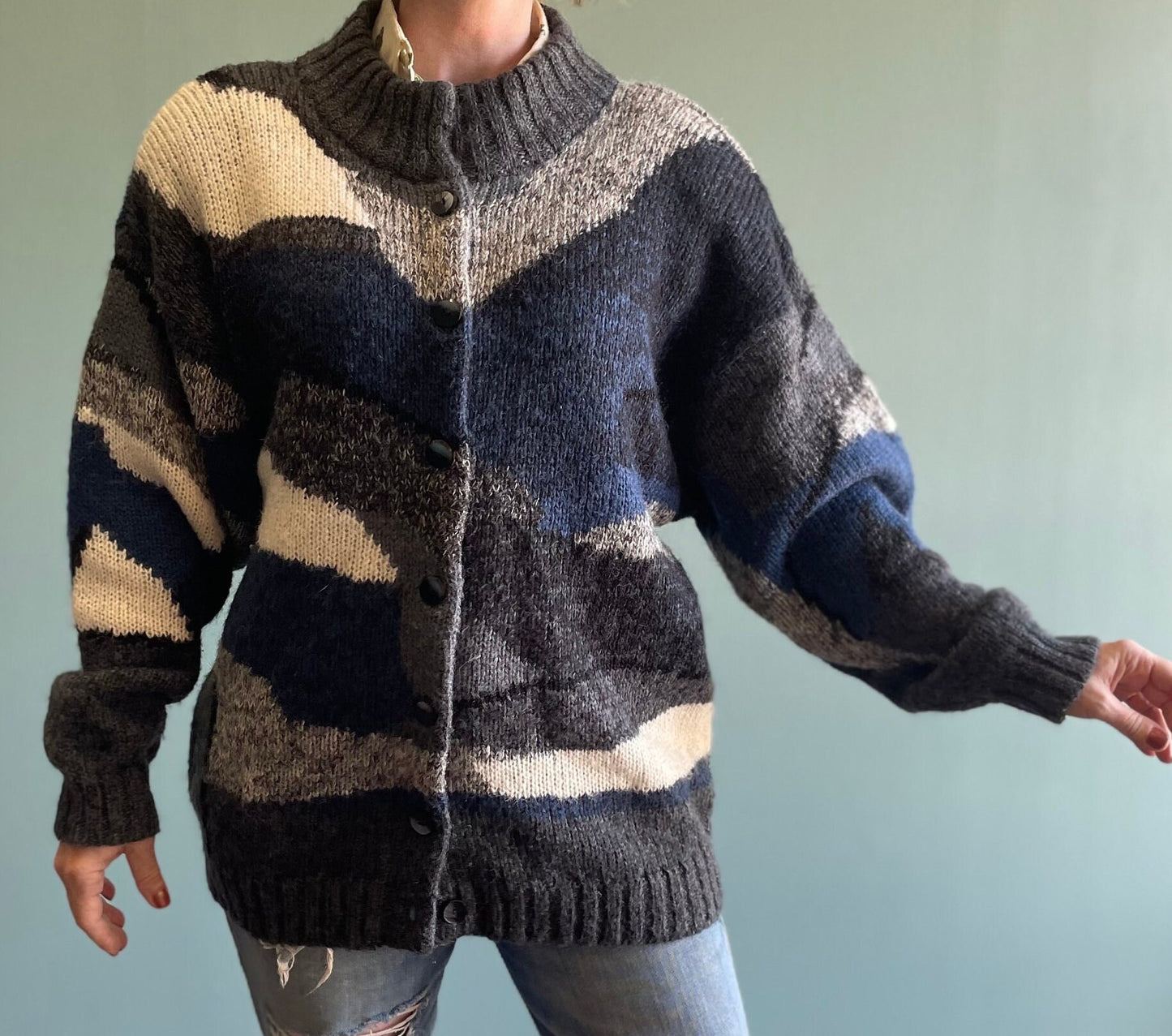 vtg 80s PATTERNED MOHAIR SWEATER // vintage chunky button up fuzzy abstract print cardigan 3D cloud print textured sweater jacket vintage