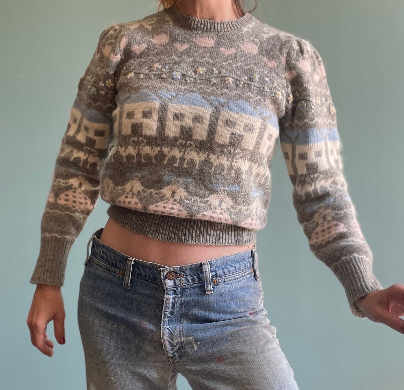 Vintage 80s HOUSE PATTERNED SWEATER // vintage angora fuzzy all over print hand knit Susan Bristol cottage pastel fairy teacher school fall