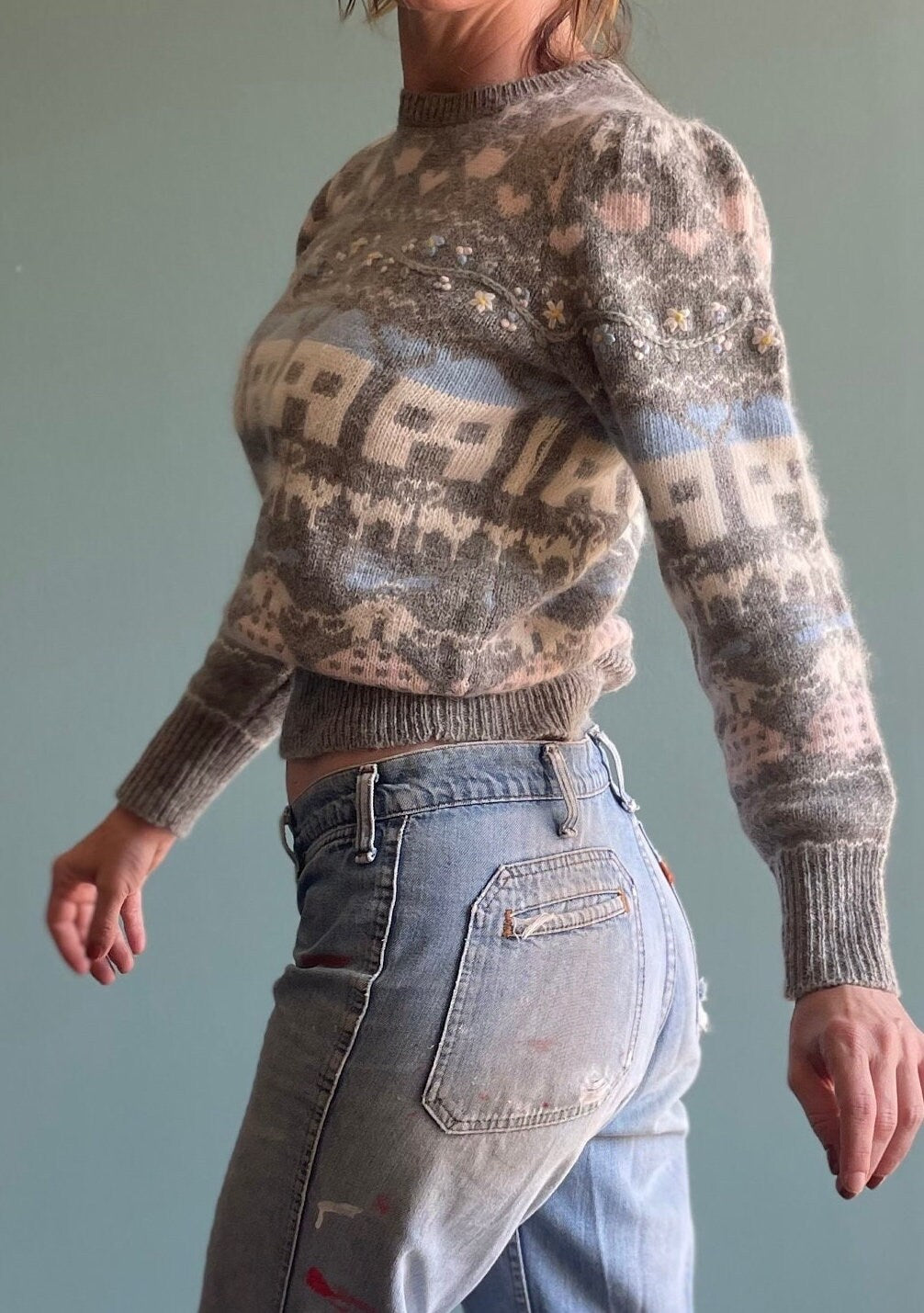 Vintage 80s HOUSE PATTERNED SWEATER // vintage angora fuzzy all over print hand knit Susan Bristol cottage pastel fairy teacher school fall