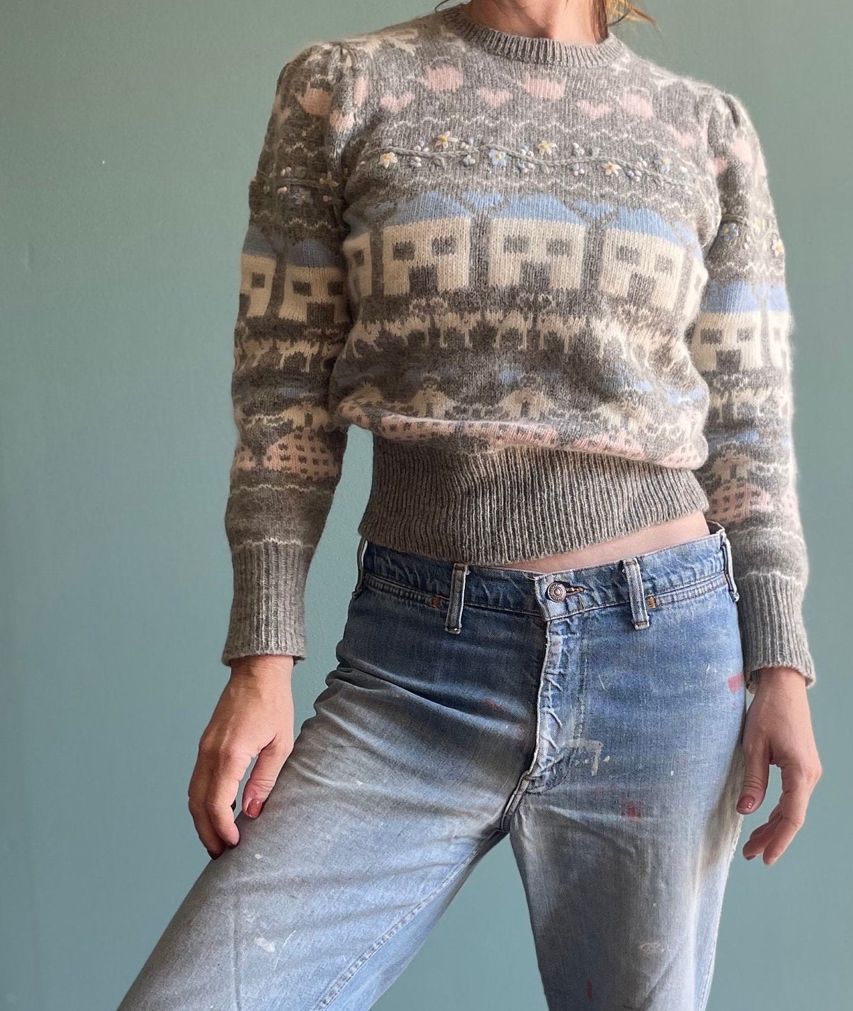 Vintage 80s HOUSE PATTERNED SWEATER // vintage angora fuzzy all over print hand knit Susan Bristol cottage pastel fairy teacher school fall