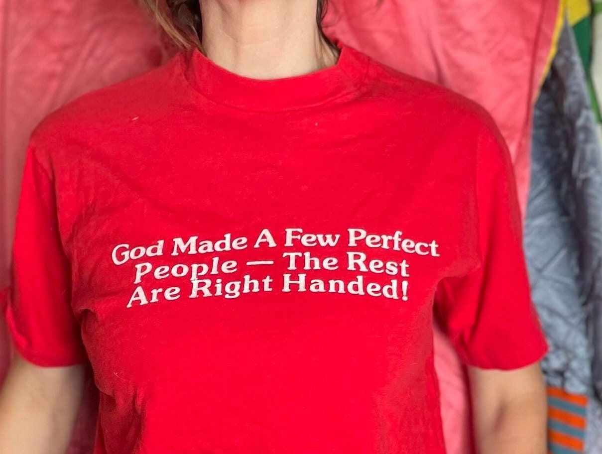 vtg 90s LEFT HANDED PEOPLE Shirt // vintage 80s funny tshirt ned flanders leftorium the simpsons reference god jesus weird lefty gift