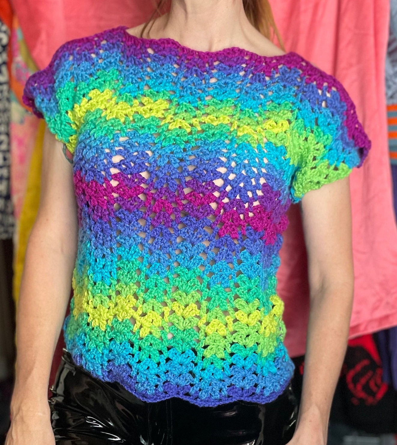 vtv 70s NEON CROCHET SWEATER // vintage hand made knit short sleeve psychedelic top cut out cold shoulder y2k funky brat style bright loud