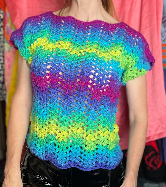vtv 70s NEON CROCHET SWEATER // vintage hand made knit short sleeve psychedelic top cut out cold shoulder y2k funky brat style bright loud