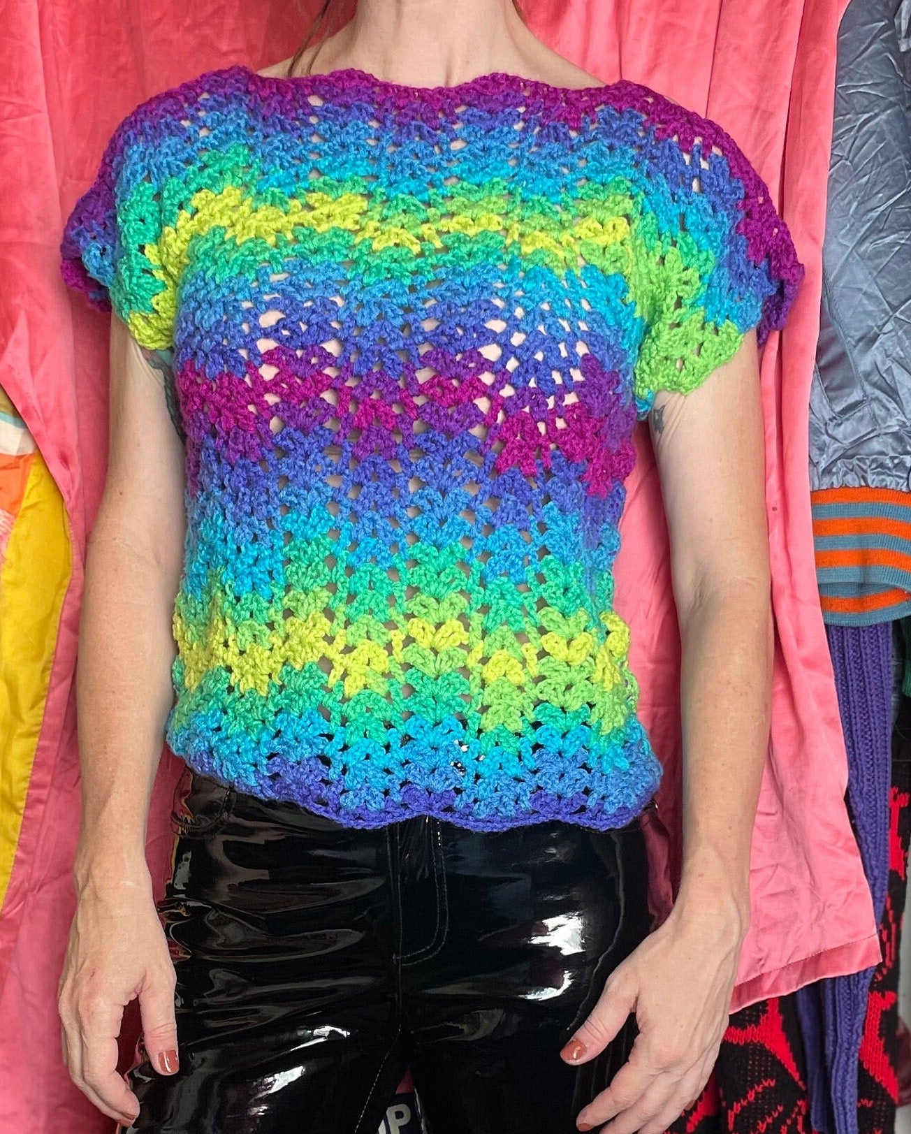 vtv 70s NEON CROCHET SWEATER // vintage hand made knit short sleeve psychedelic top cut out cold shoulder y2k funky brat style bright loud