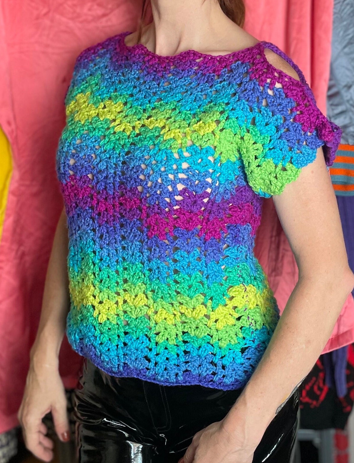 vtv 70s NEON CROCHET SWEATER // vintage hand made knit short sleeve psychedelic top cut out cold shoulder y2k funky brat style bright loud