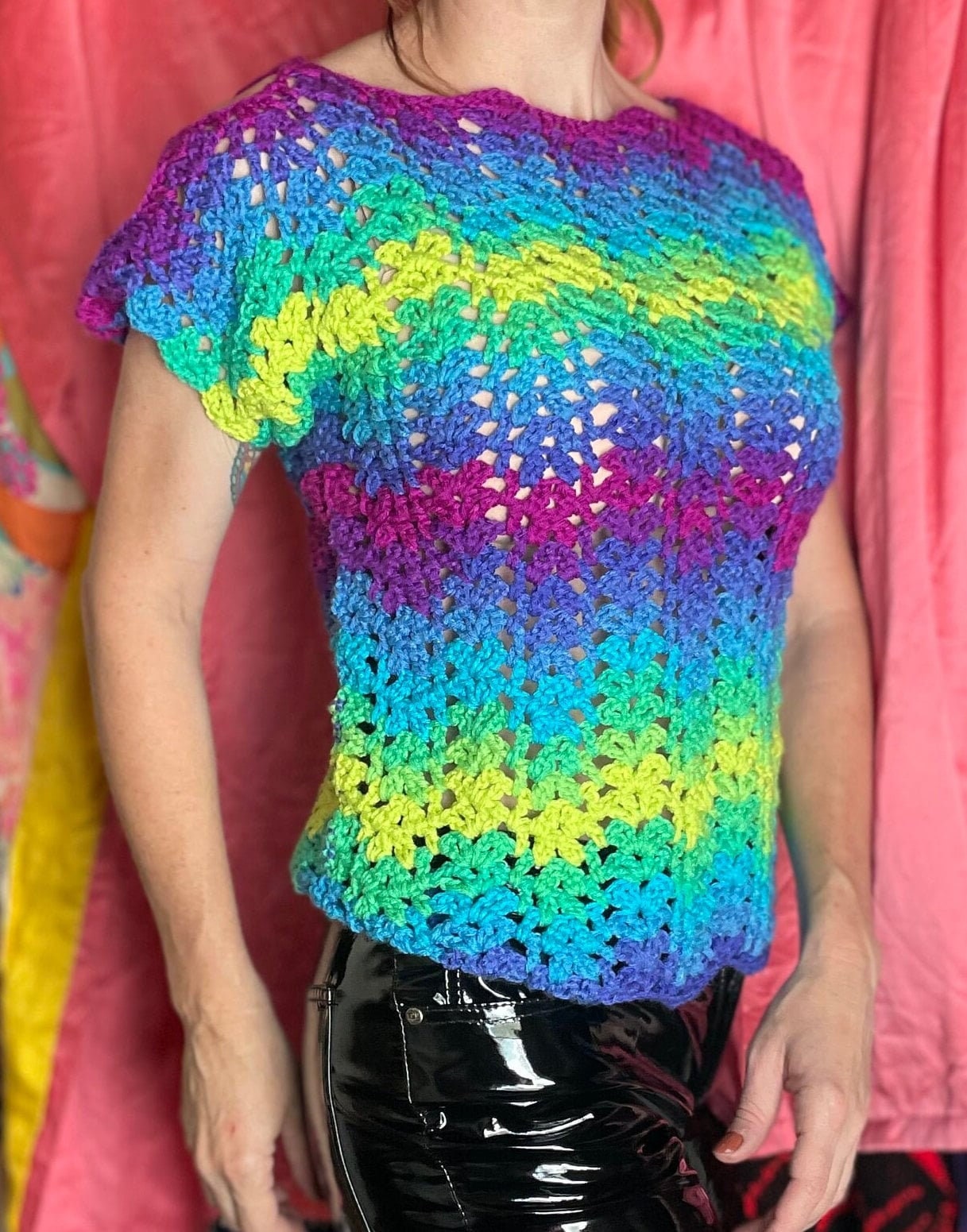 vtv 70s NEON CROCHET SWEATER // vintage hand made knit short sleeve psychedelic top cut out cold shoulder y2k funky brat style bright loud