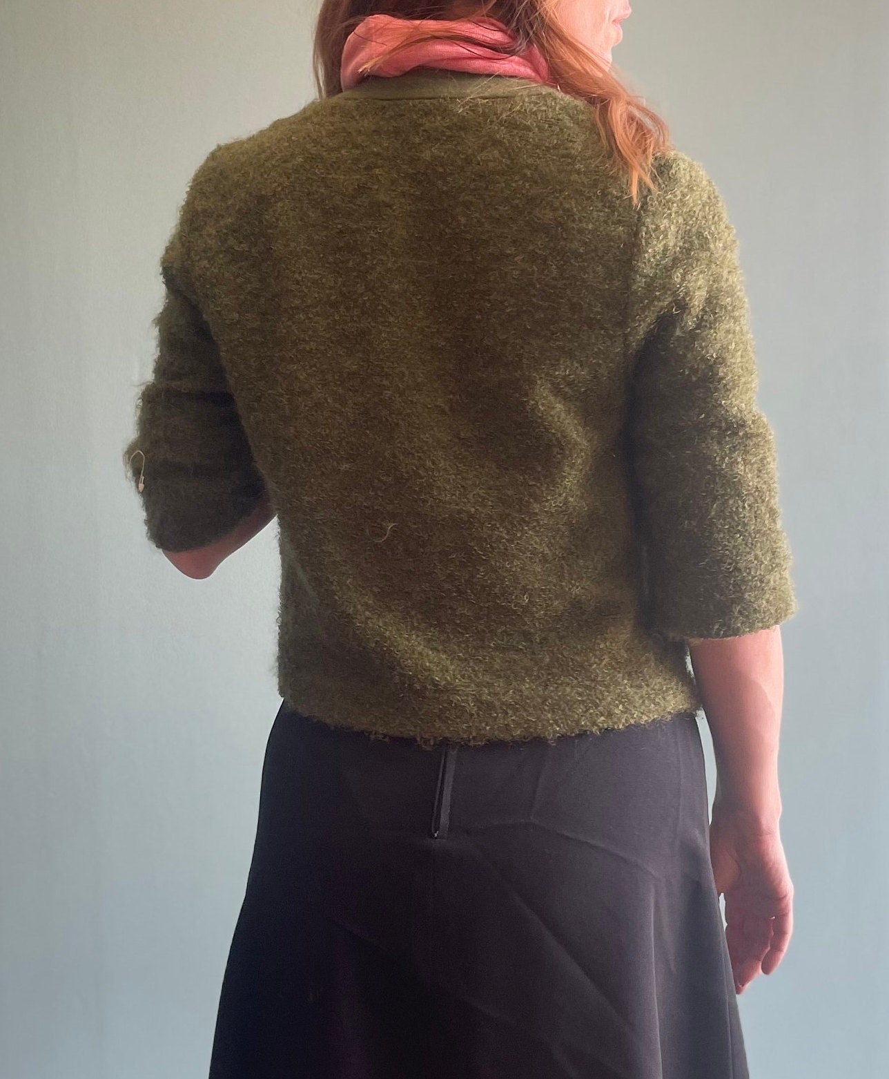 Vintage 50s 60s Green Fuzzy Sweater / Sanford Preppy Sweater / Deep Pile Green Cardigan / Rockabilly Top green cobain cardigan