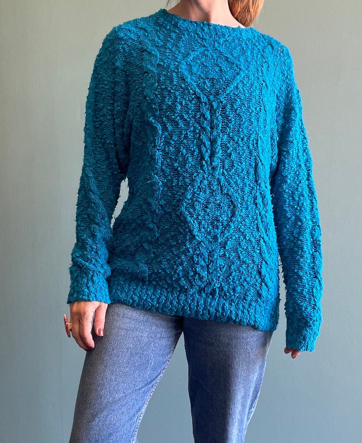 vtg 80s TEAL CABLE KNIT Sweater // vintage bright textured cobalt blue slouchy casual 3d chunky knit oversized coastal granny grunge style