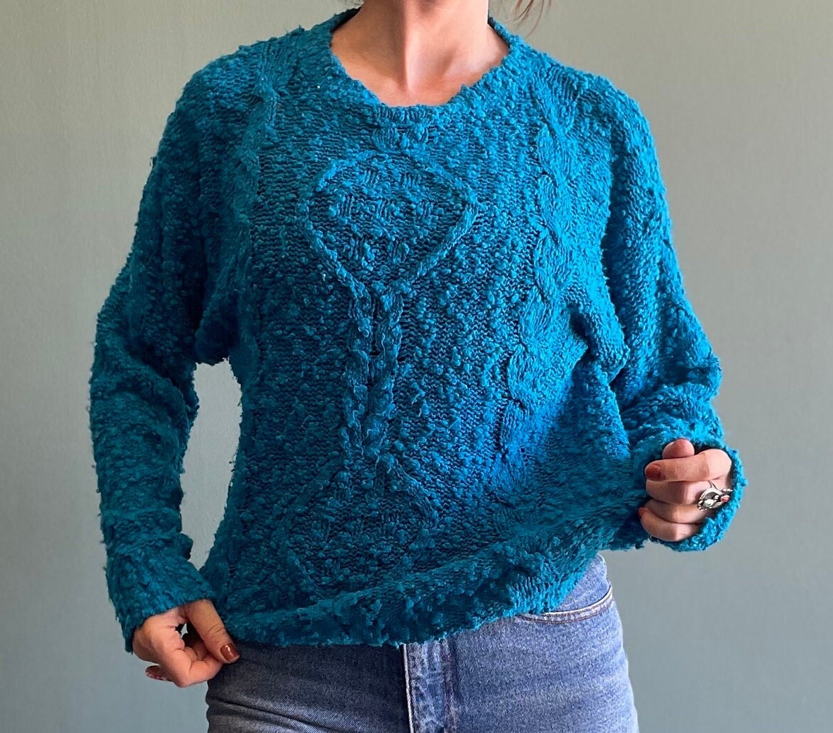 vtg 80s TEAL CABLE KNIT Sweater // vintage bright textured cobalt blue slouchy casual 3d chunky knit oversized coastal granny grunge style