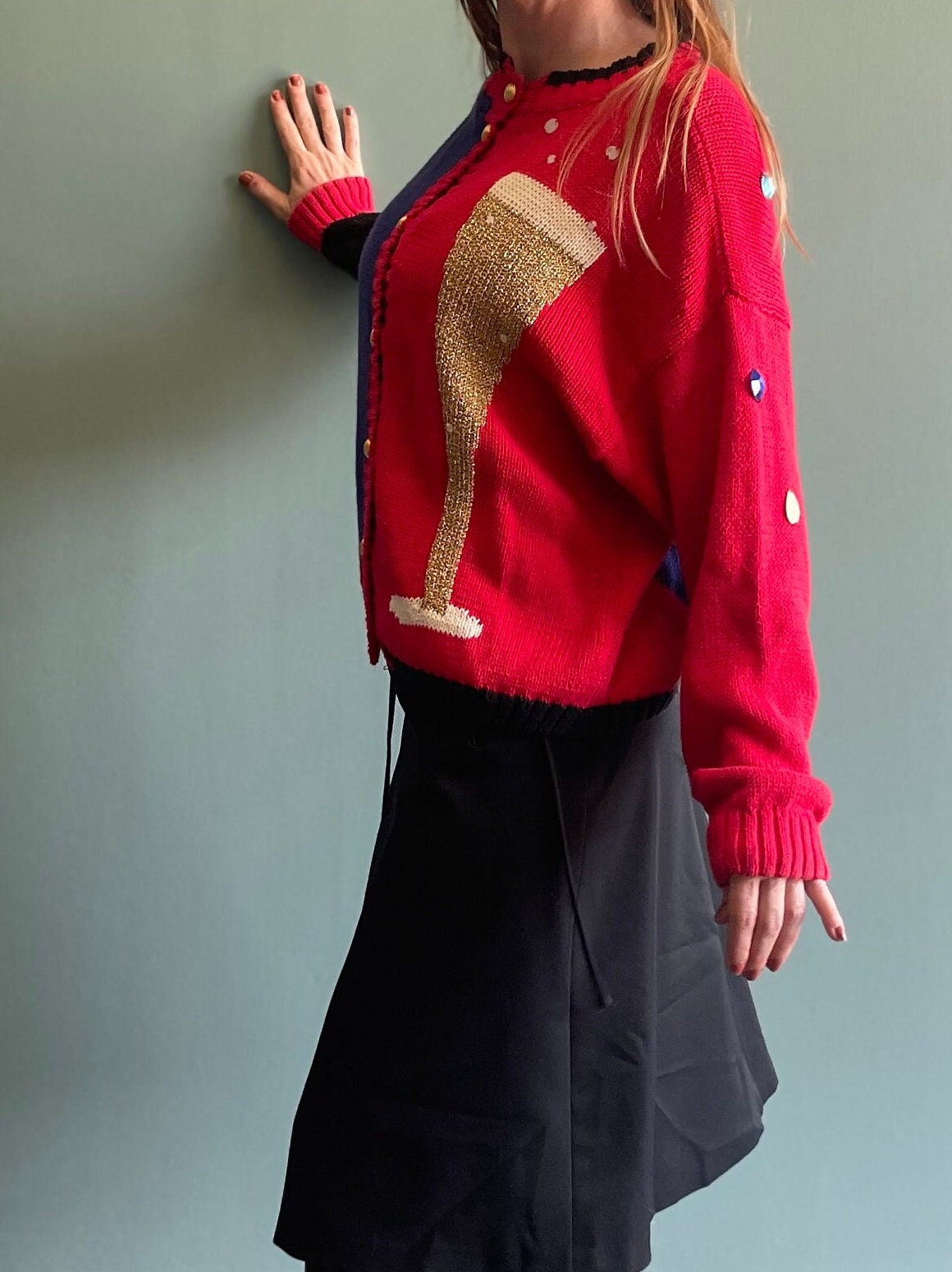 Vintage 90s Gantos Sweater / Champagne Glass New Years Eve Sweater / Funky Glitter Cardigan / Party Sweater