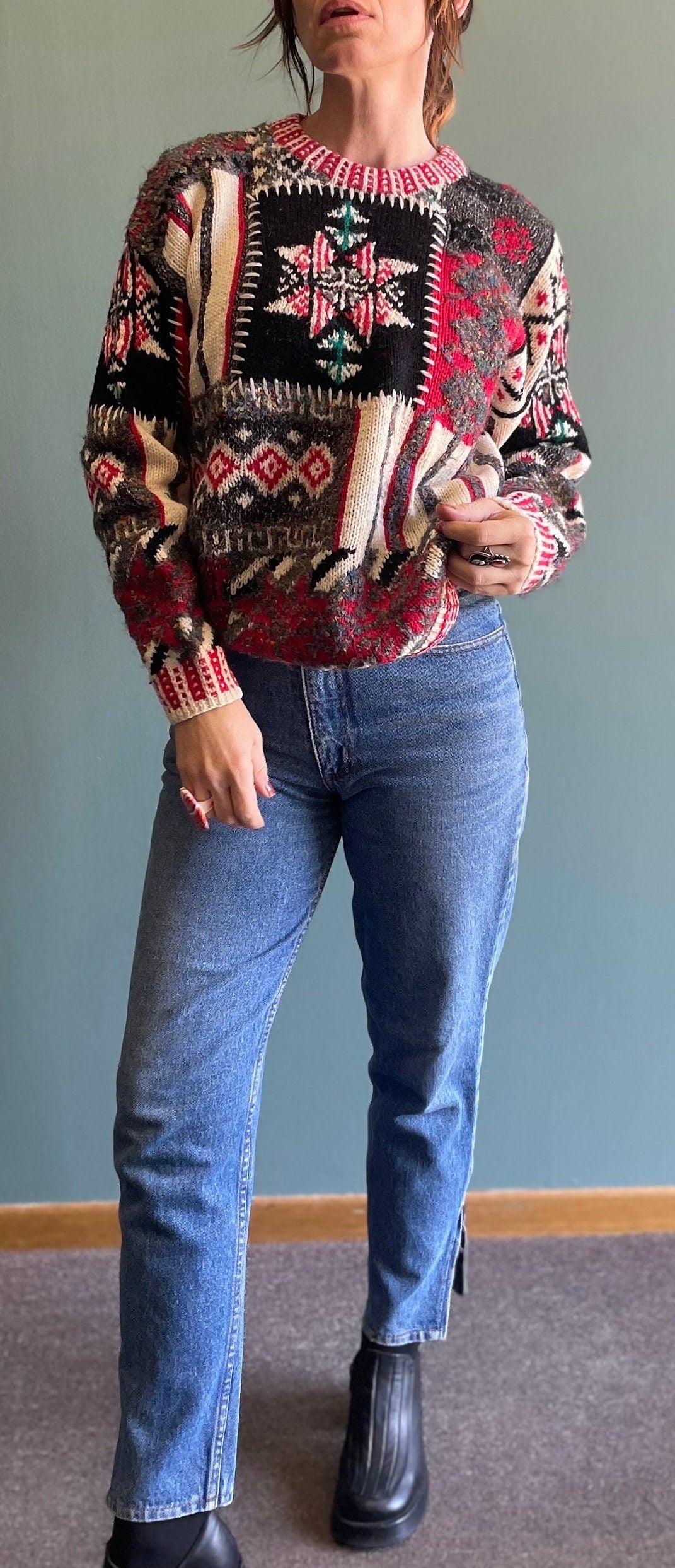 vtg 80s PATCHWORK KNIT SWEATER // vintage abstract pattern hand knit thick wool cozy autumn festive holiday era teacher style casual comfy